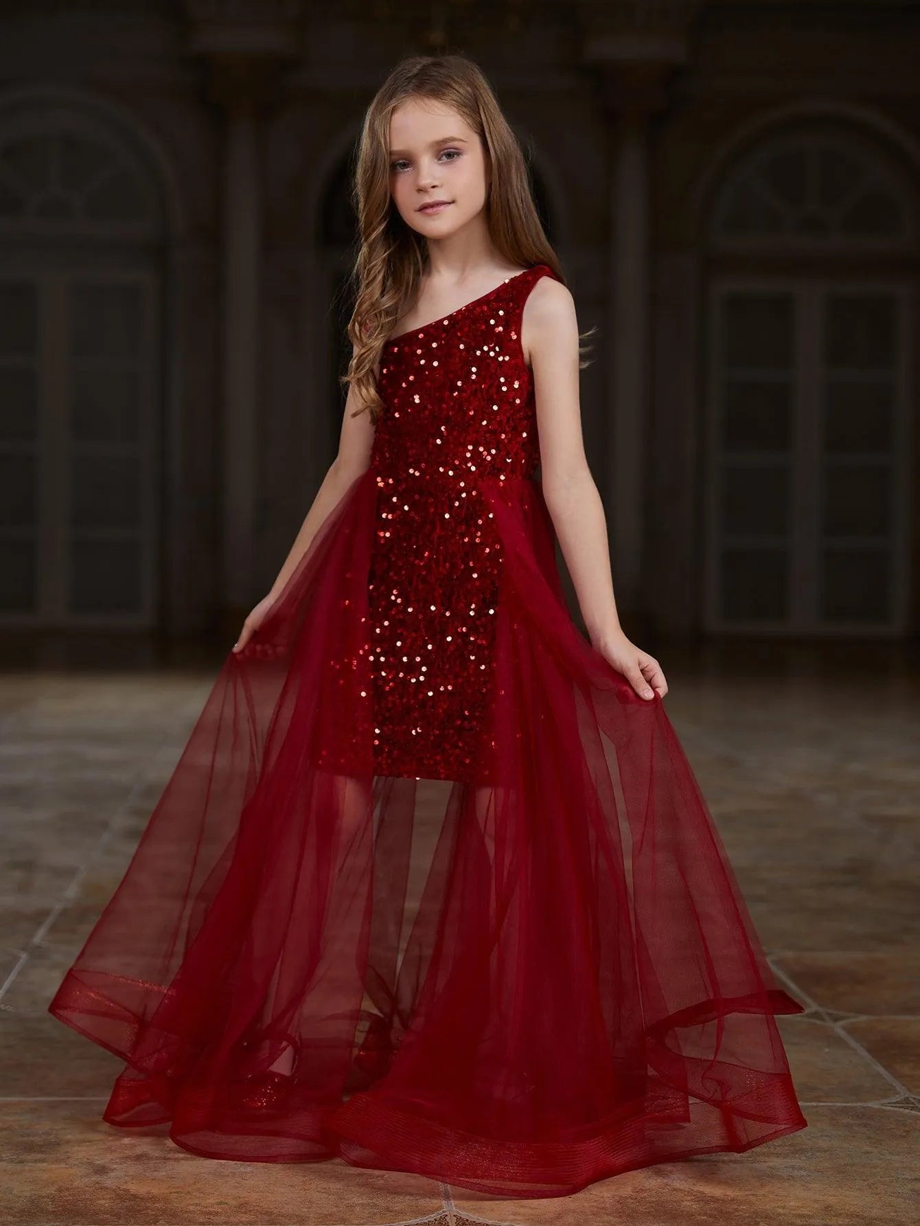 Tween Girls' Asymmetrical Neckline Mesh Overlay Sequin Dress