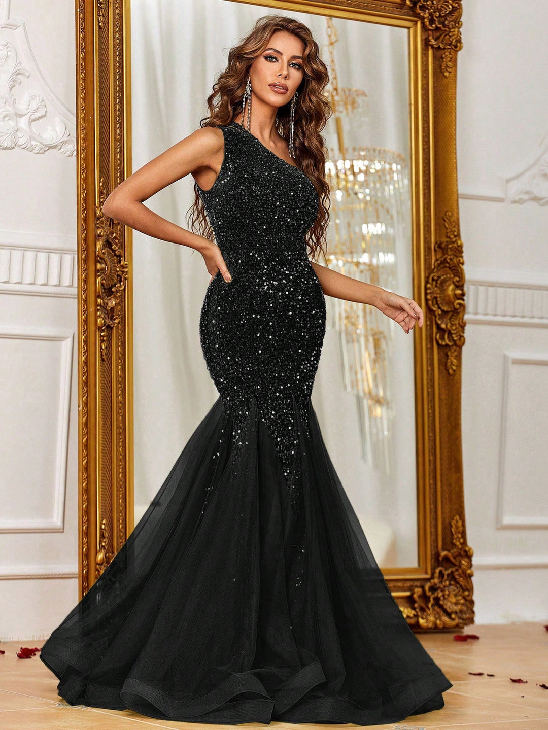 Elegant One Shoulder Sleeveless Mesh Insert Sequin Mermaid Dress