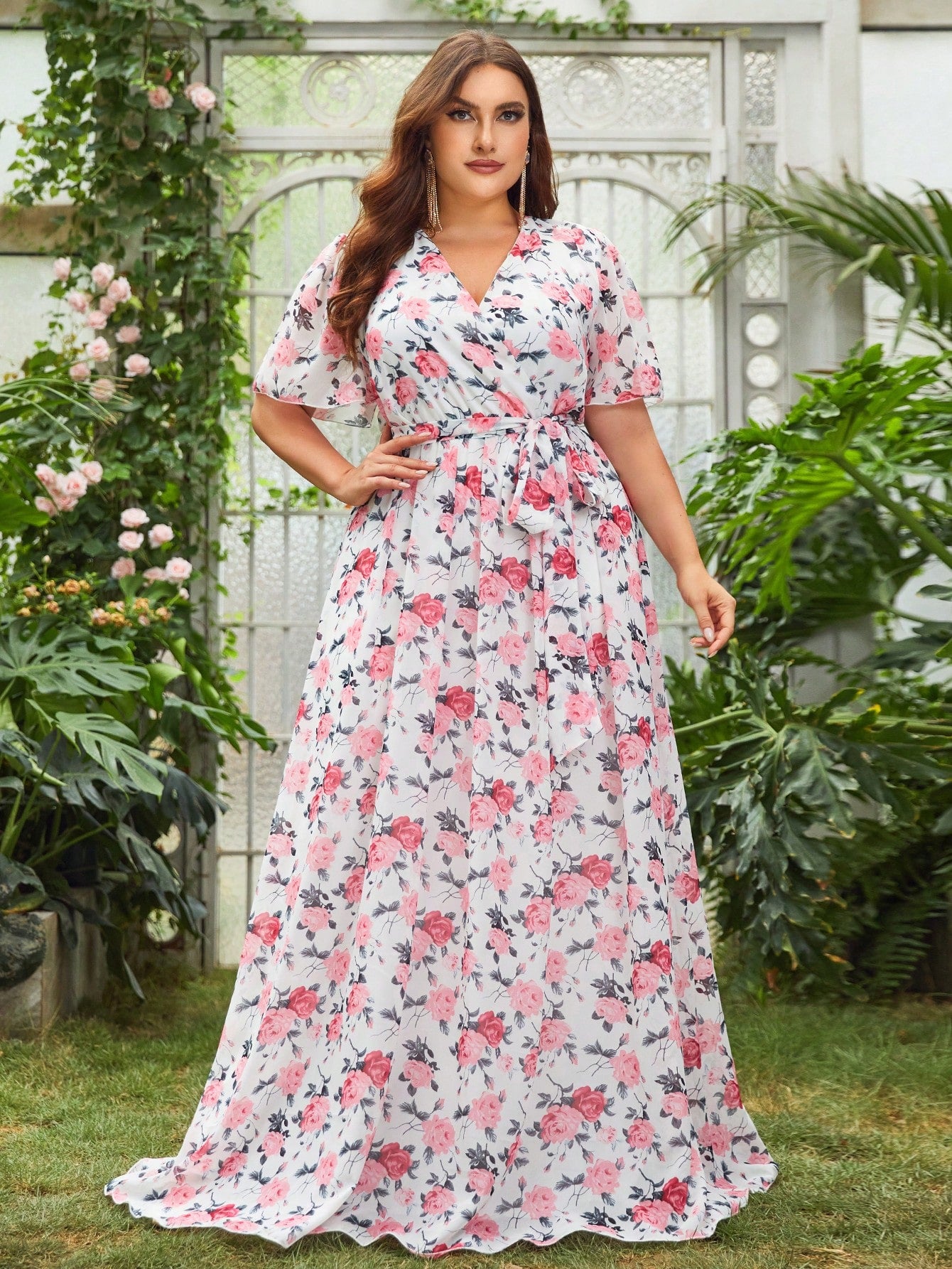 Plus Surplice Neck Floral Print Belted Dress