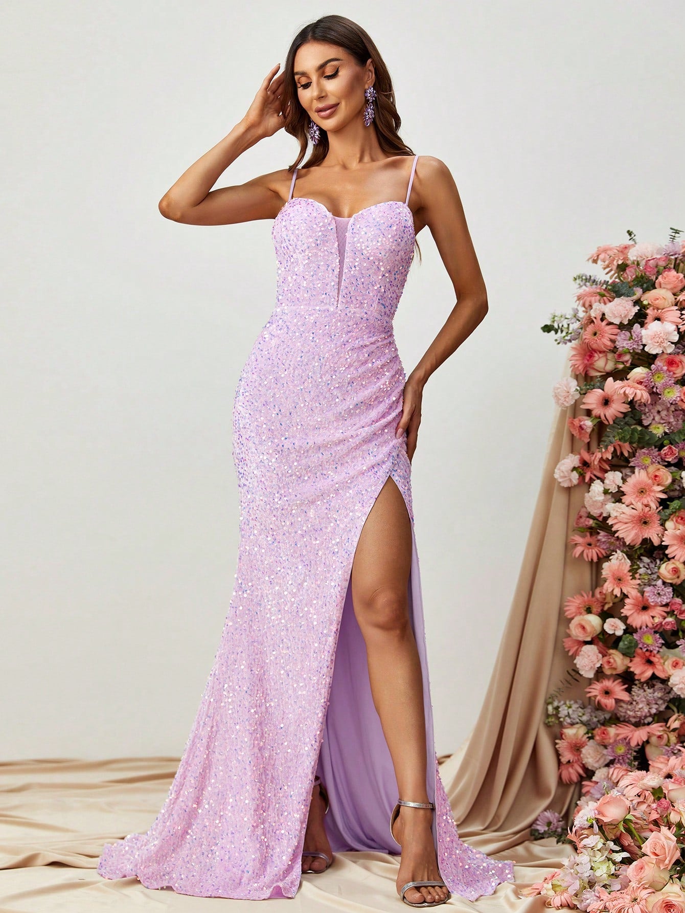 Spaghetti Strap Sweetheart Neck Sequin Slit Dress