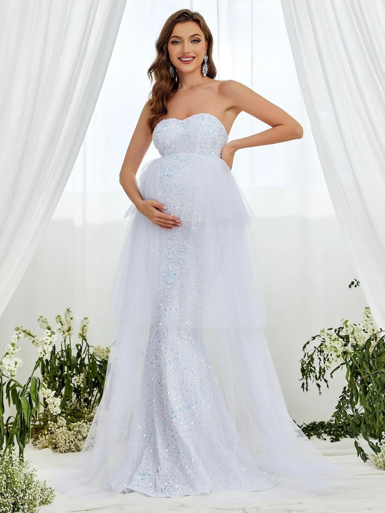 Maternity Mesh Overlay Mermaid Hem Sequin Tube Dress