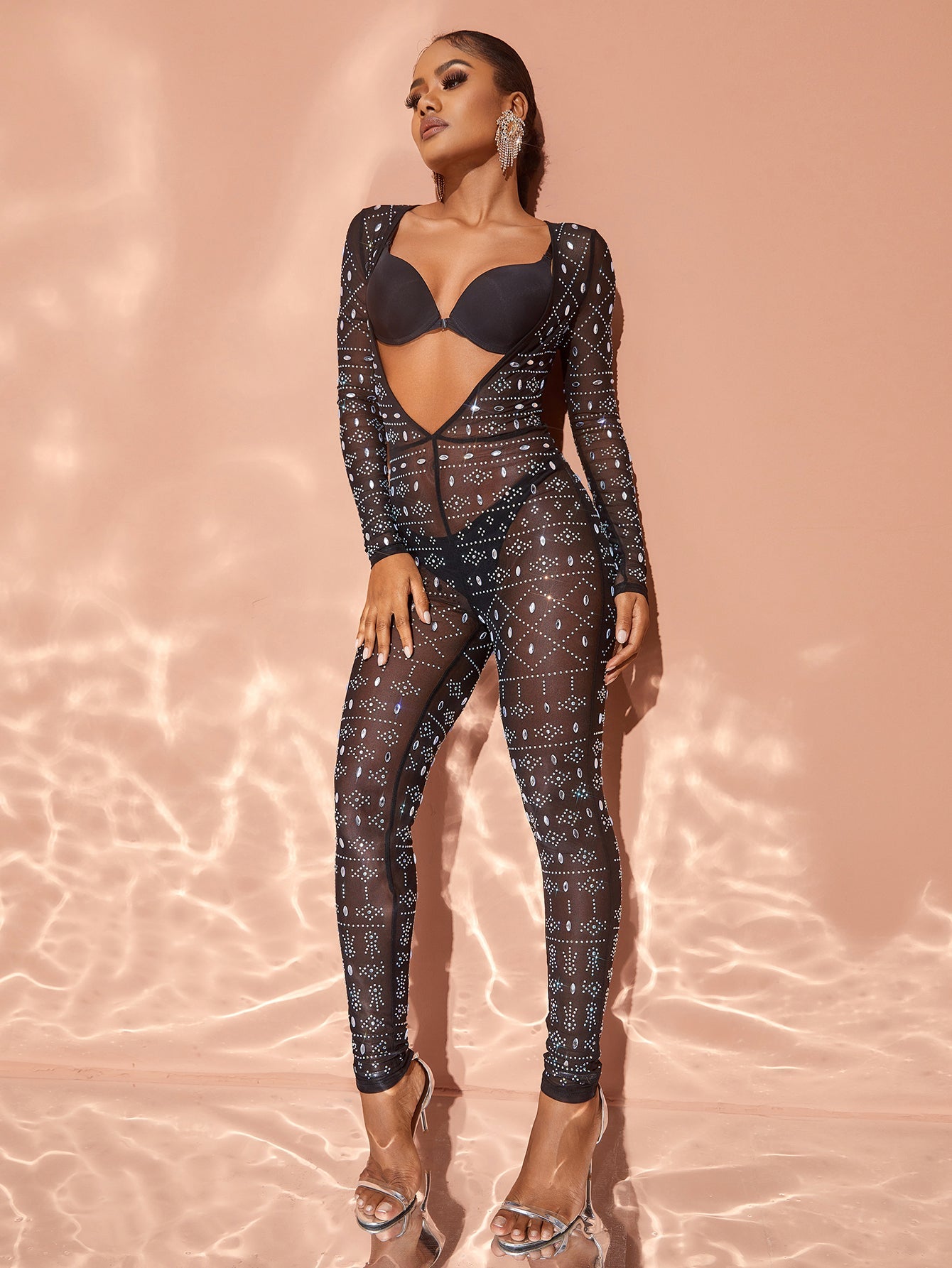 Rhinestone Detail Plunging Neck Sheer Mesh Jumpsuit