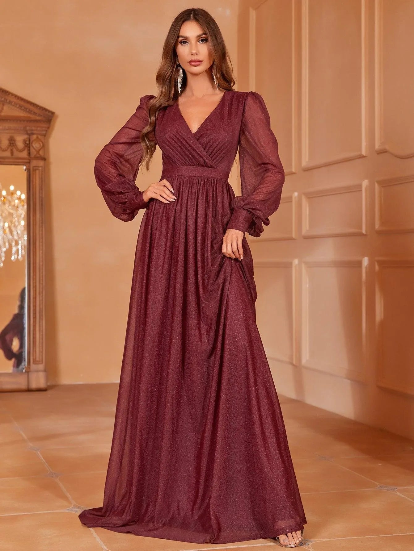 Elegant V Neck Lantern Sleeves Maxi A Line Dress