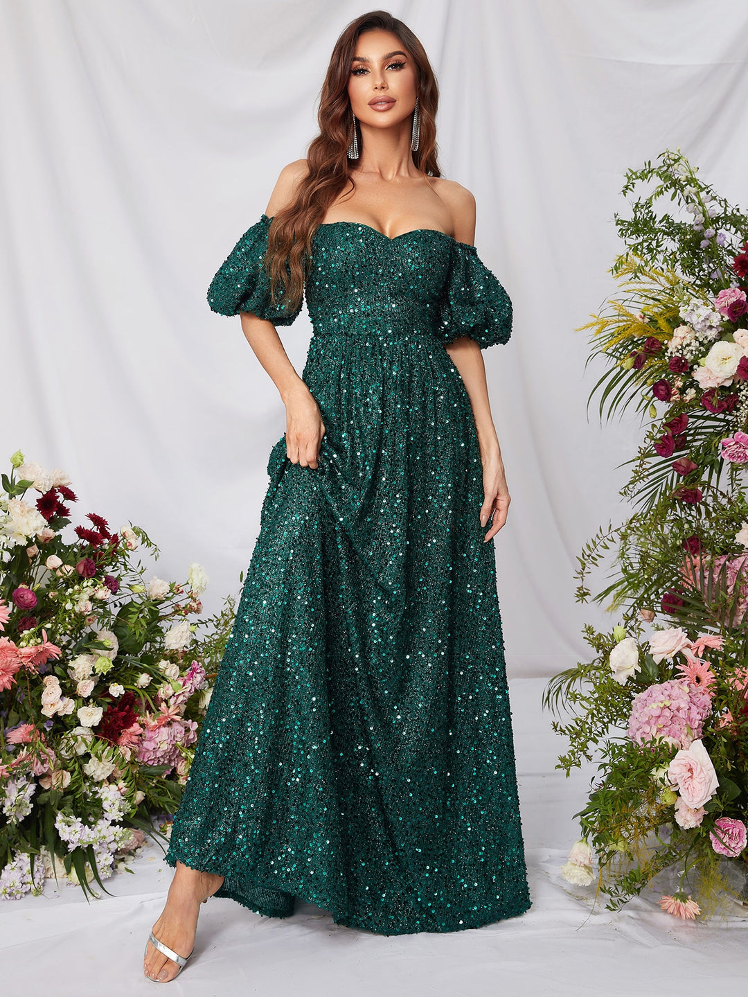 Elegant Off Shoulder Short Sleeve Sequin A Line Dresses