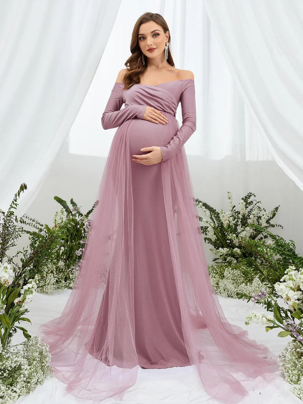 Maternity Off Shoulder Contrast Mesh Mermaid Dress