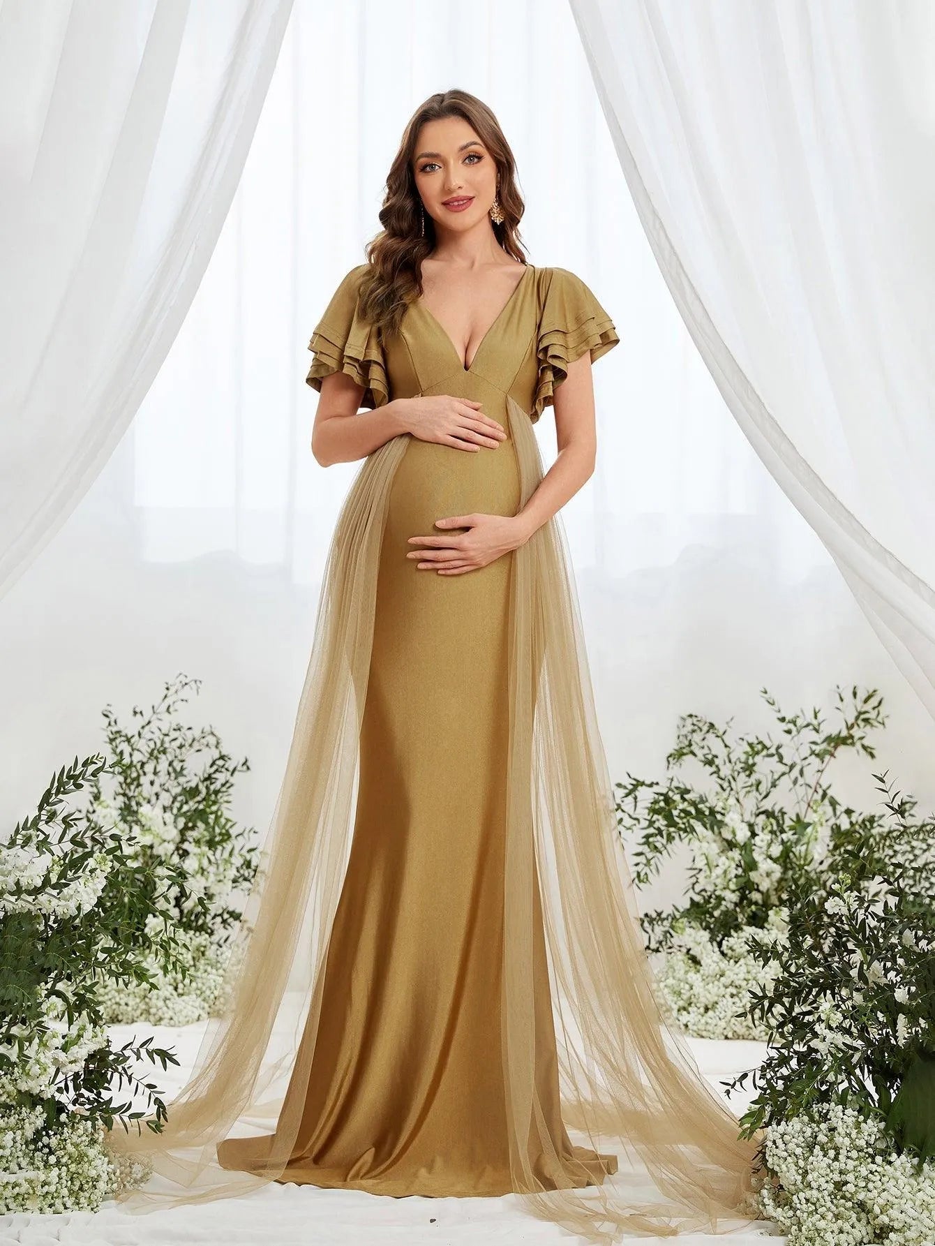 Maternity Plunging Neck Layered Ruffle Sleeve Mermaid Dress