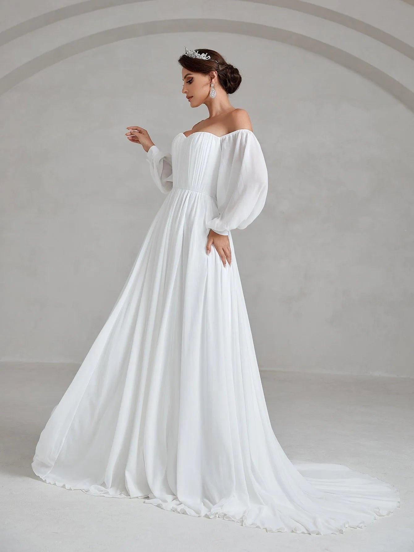 Off Shoulder Lantern Sleeve Chiffon Wedding Dress