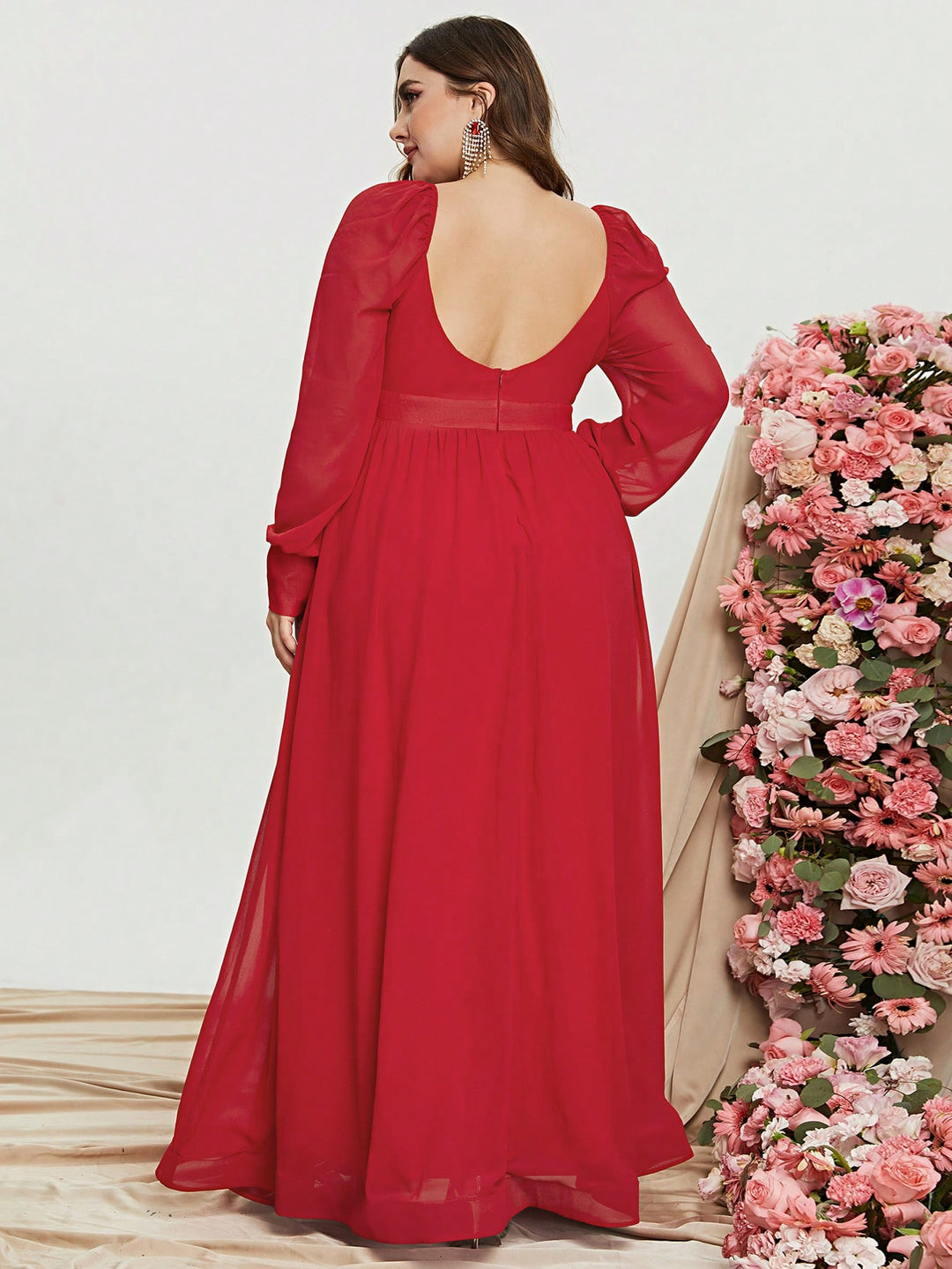 Plus Size Sweetheart Backless Long Sleeve Chiffon A line Dresses