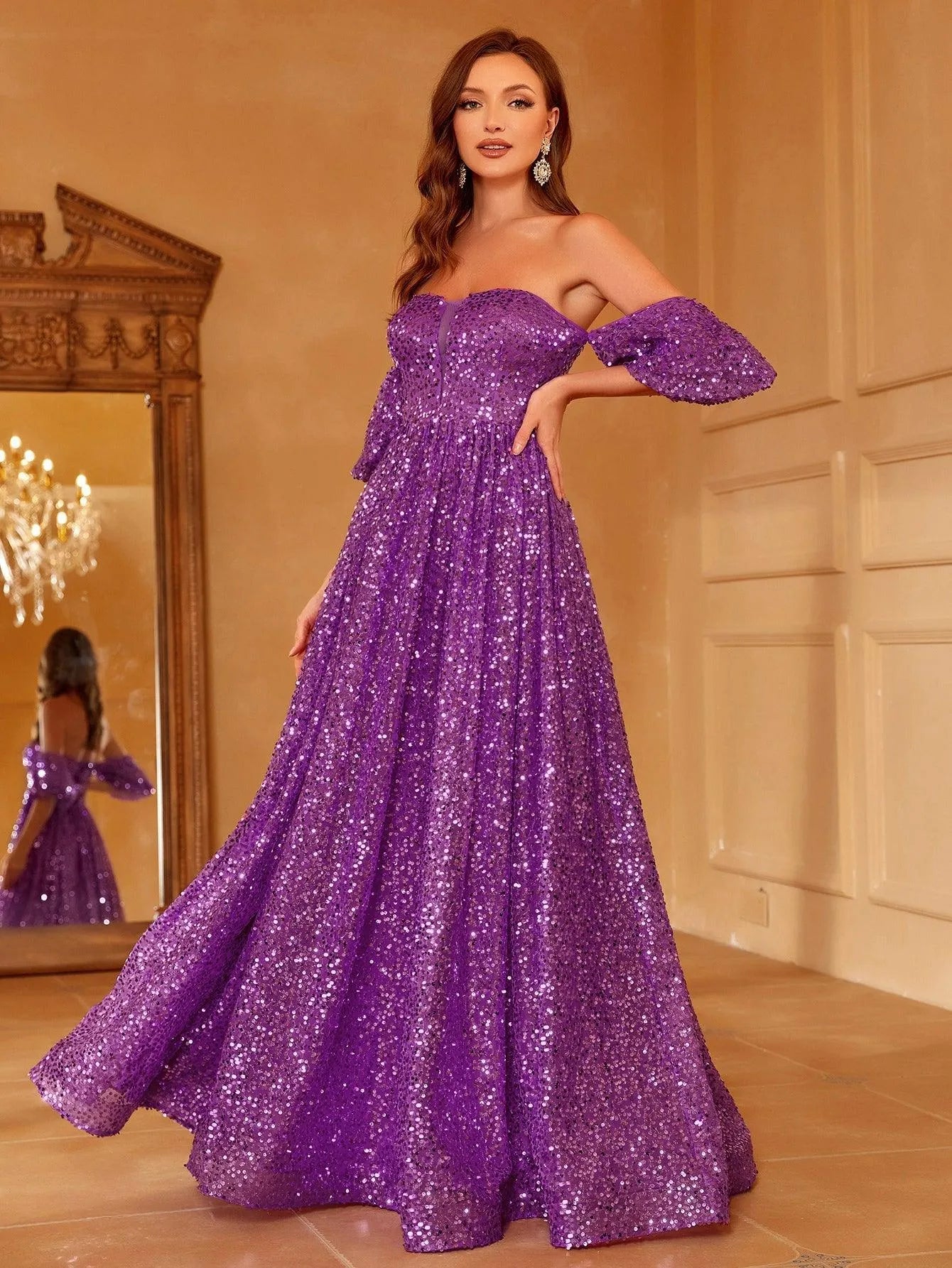 Off Shoulder Puff Sleeve Sequin A Line Dresses