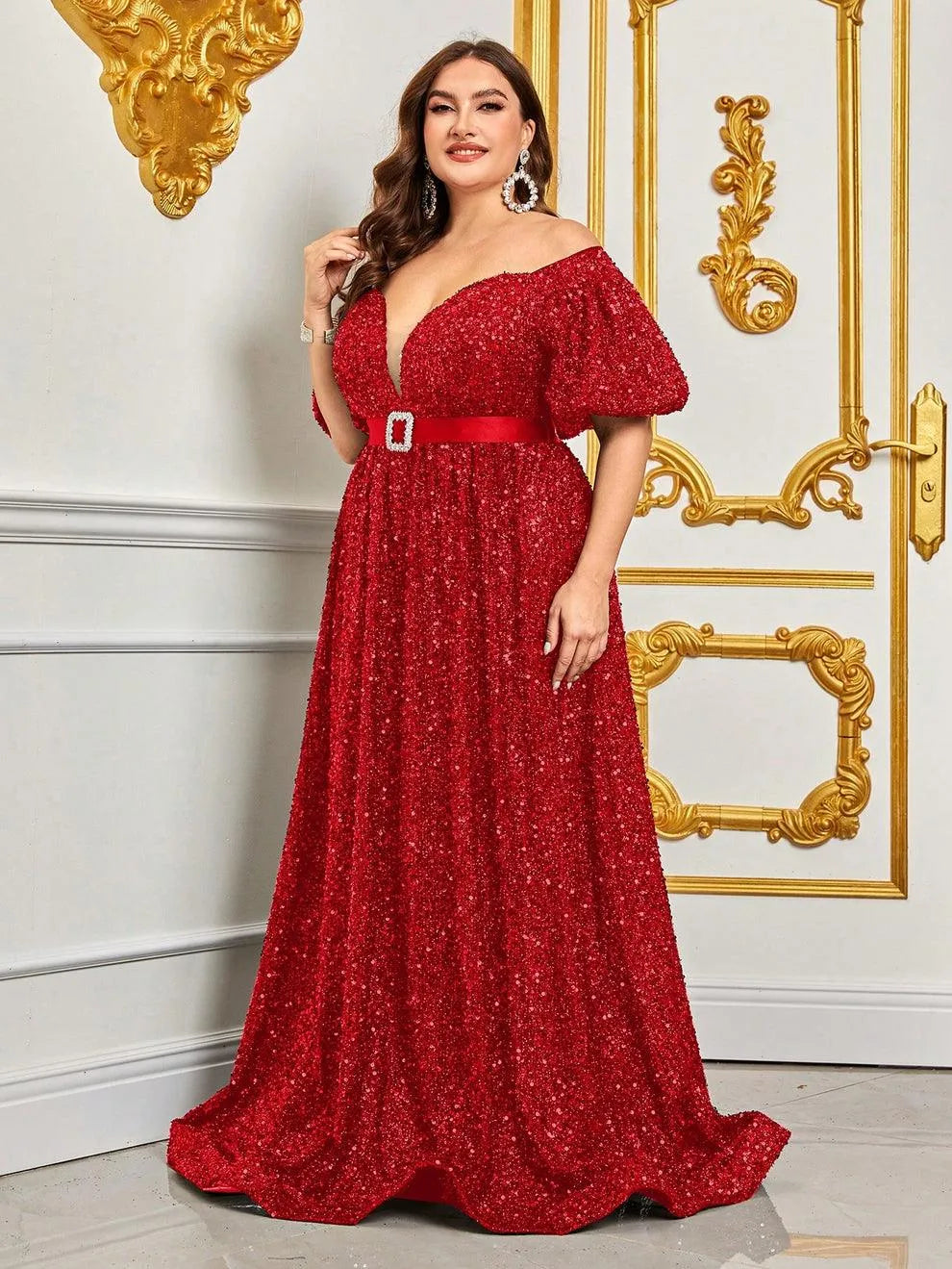 Plus Off Shoulder Puff Sleeves Sequin Formal Dress