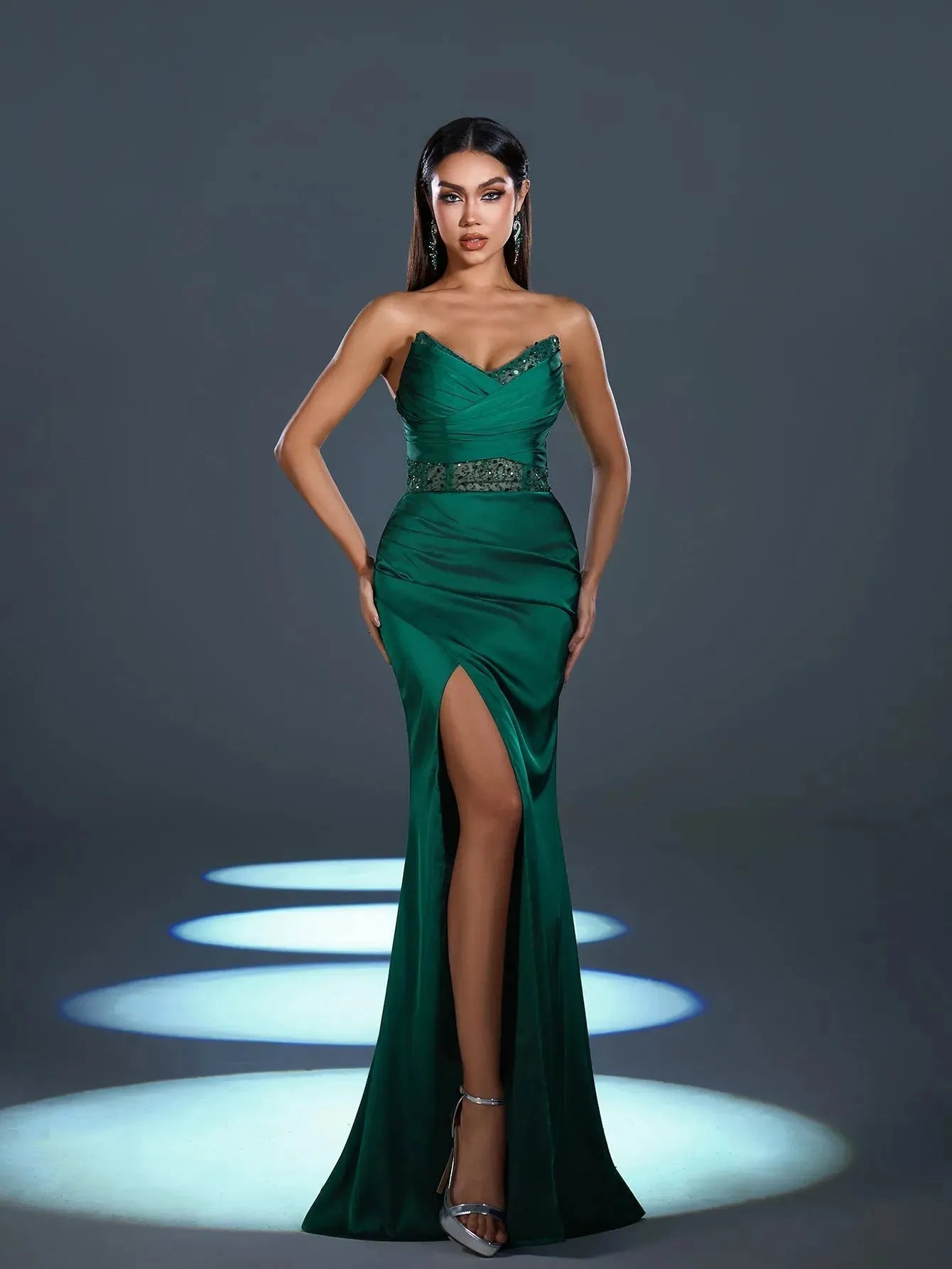 Elegant Strapless Contrast Sequin Split Thigh Satin Mermaid Party Dress