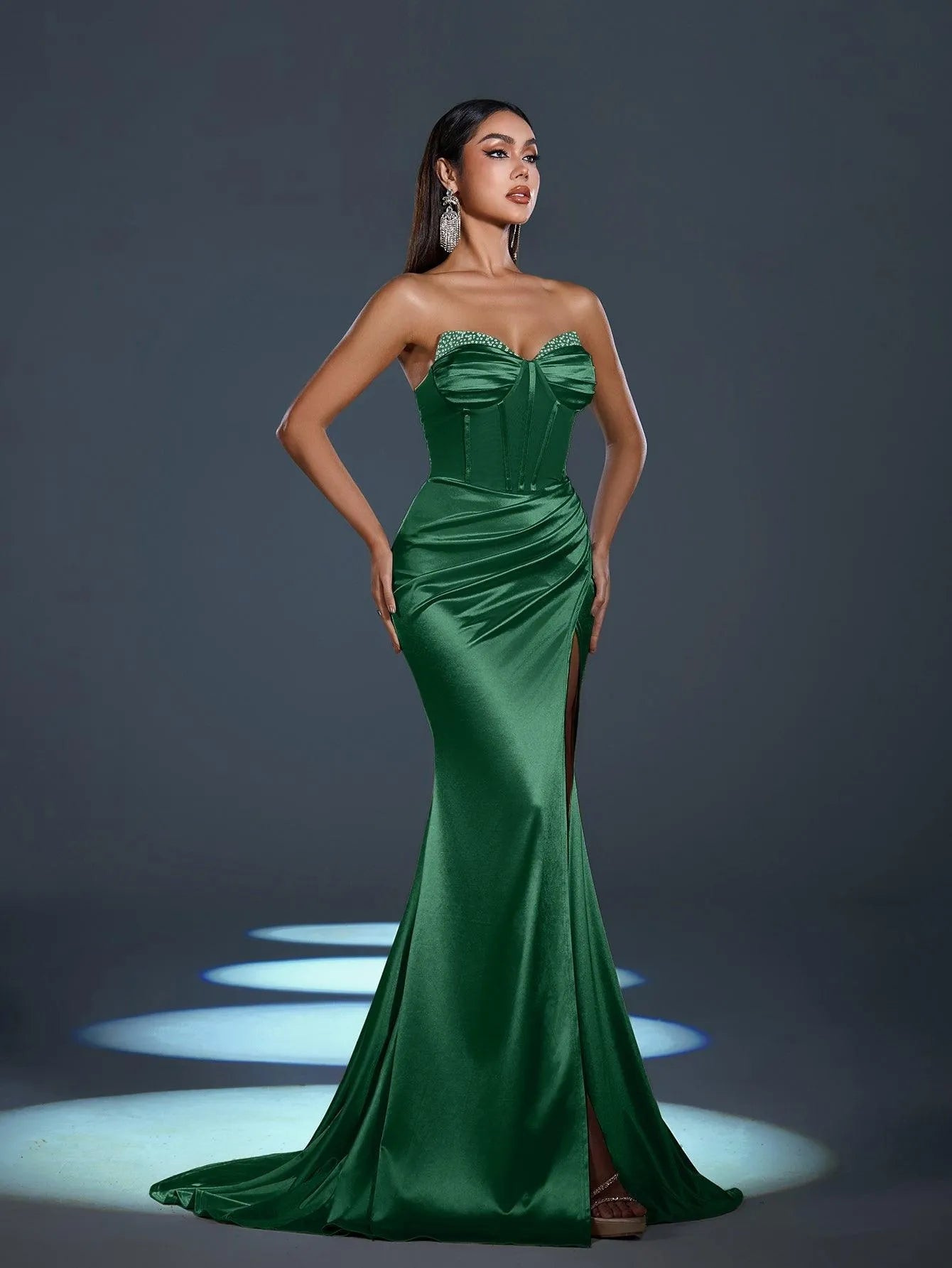 Ruched Bustier Wrap Hem Satin Mermaid Dress