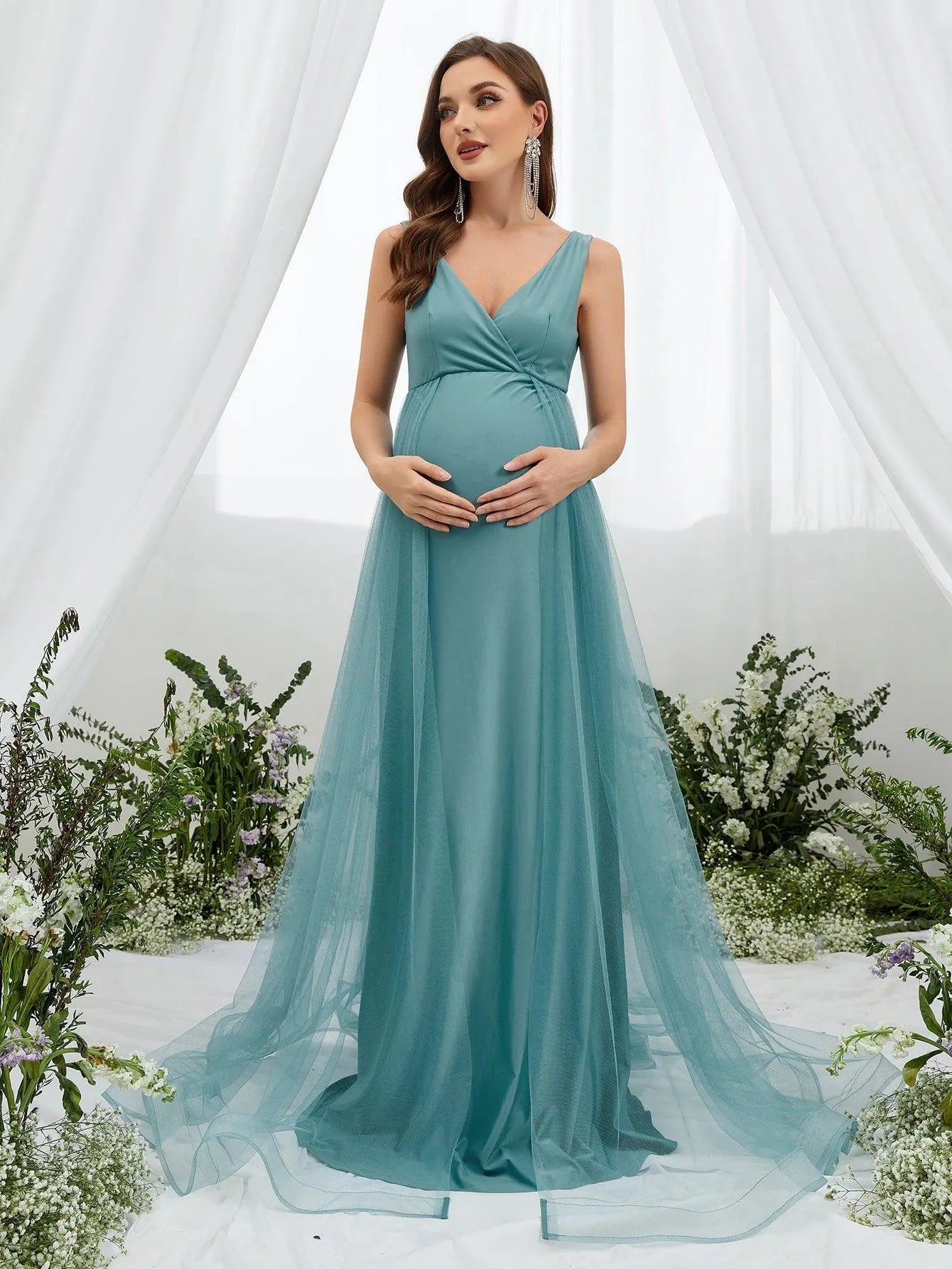 Maternity Backless Surplice Neck Mesh Overlay Dress