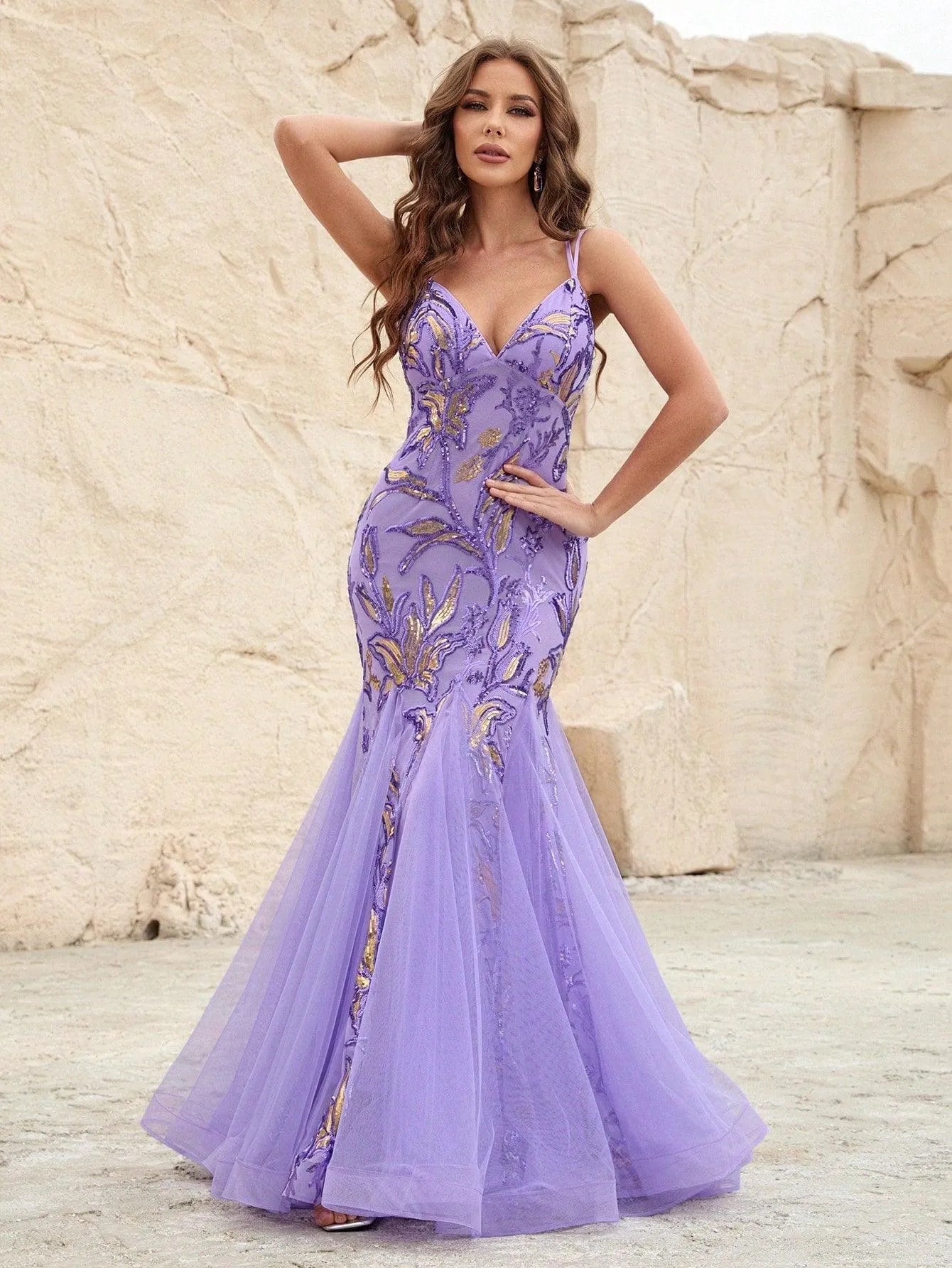 Elegant Mermaid Hem Mesh Insert Sequin Cami Dress