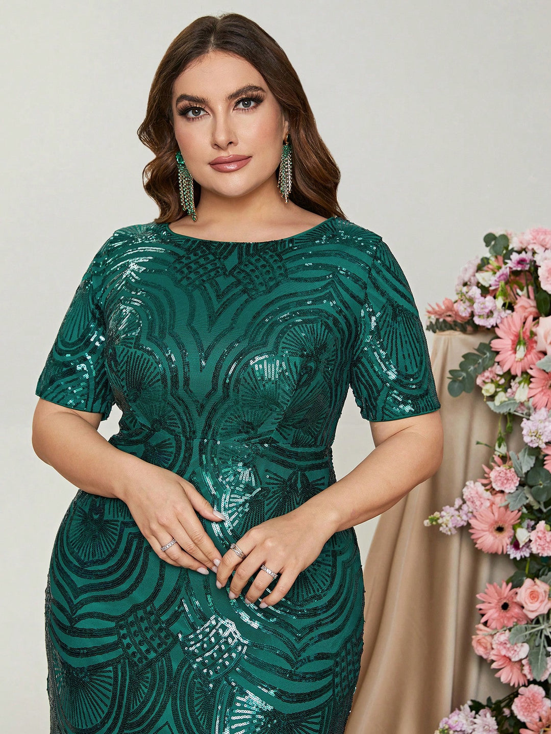 Plus Size Formal Dress Round Neck Short Sleeve Mermaid Evening Gown