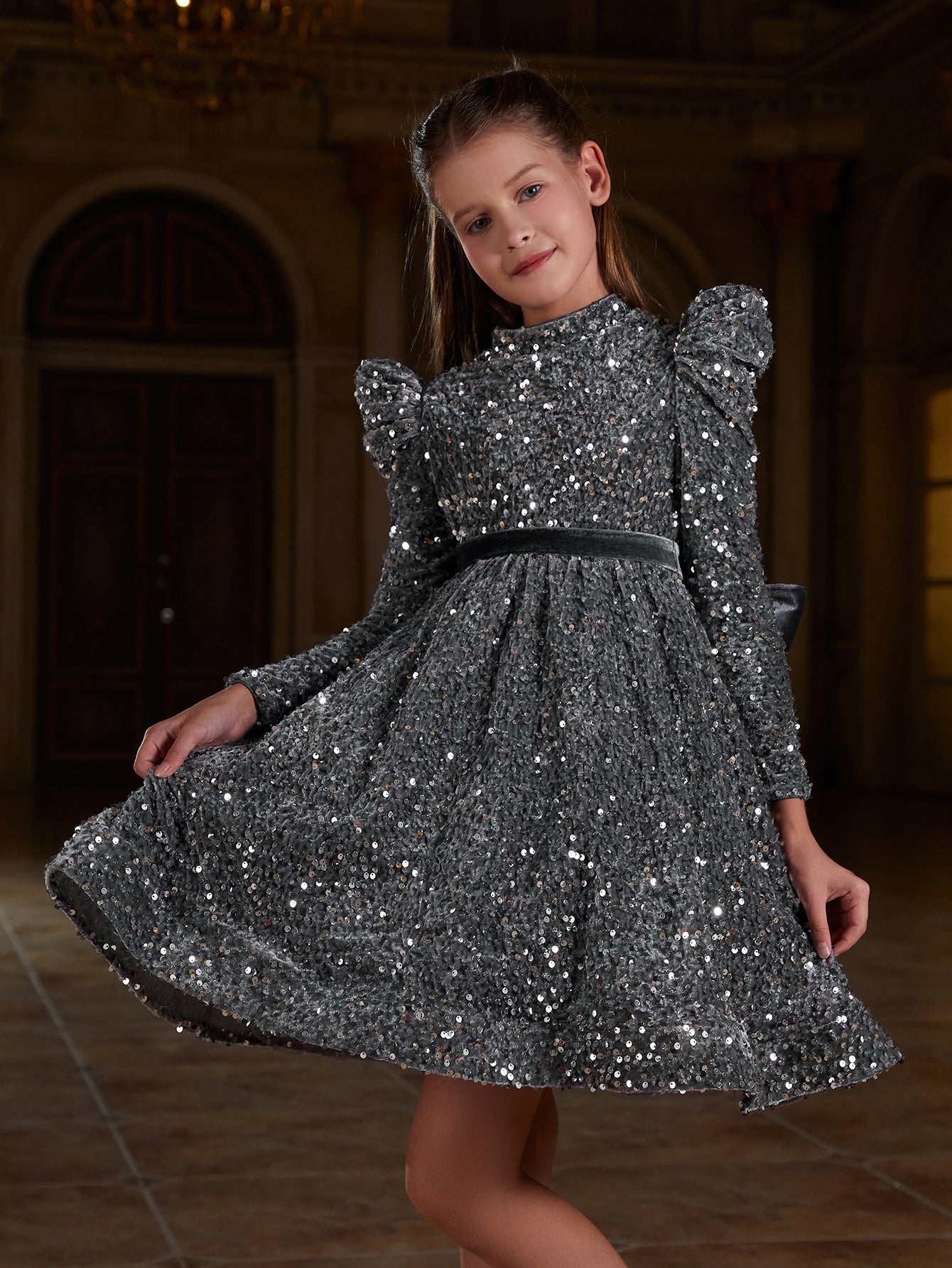 Tween Girls' Mock Neck Gigot Sleeve Sequin A Line Dress