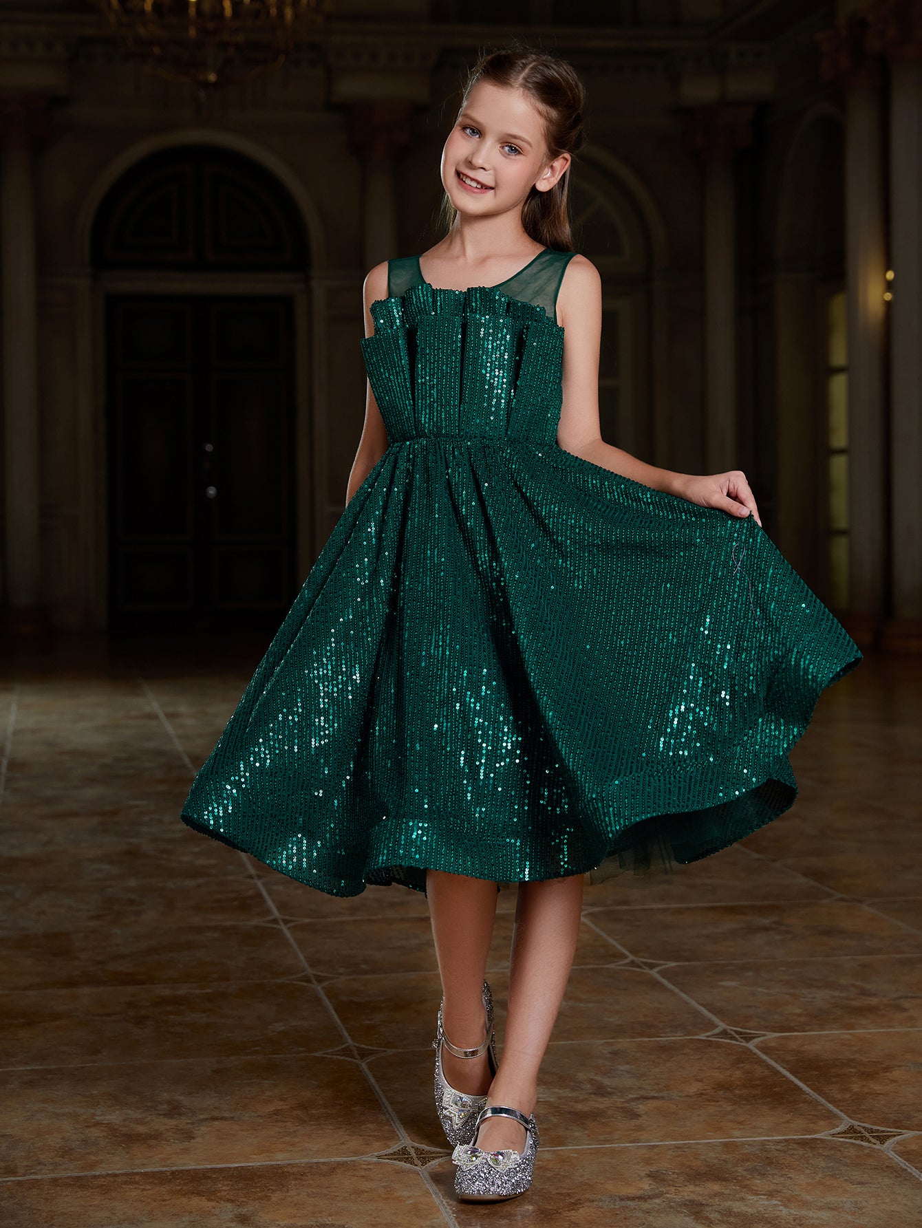 Girl's Pleated Front Sleeveless Sequin Party Dresses