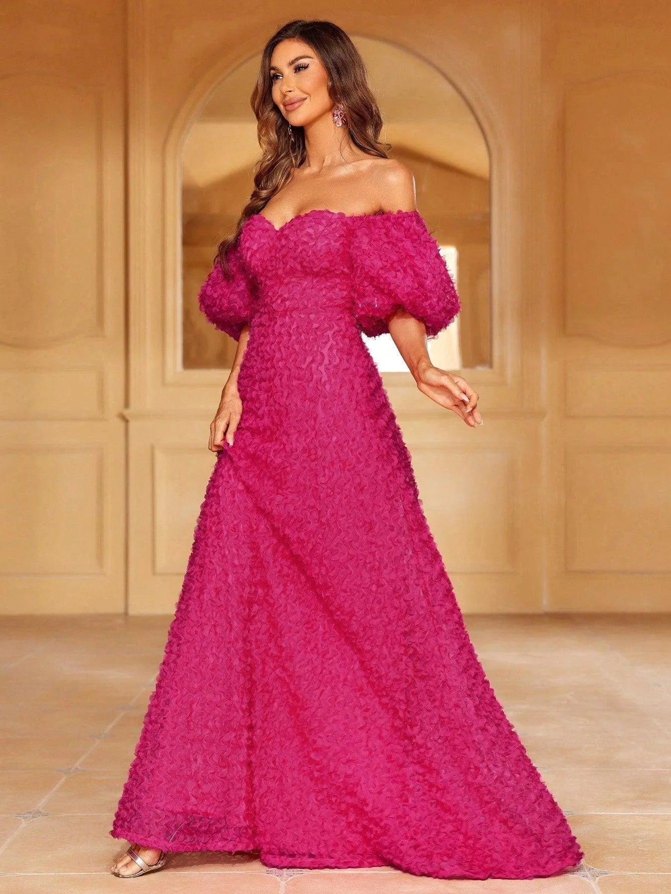 Textured Off-Shoulder Puff Sleeves Formal Dress