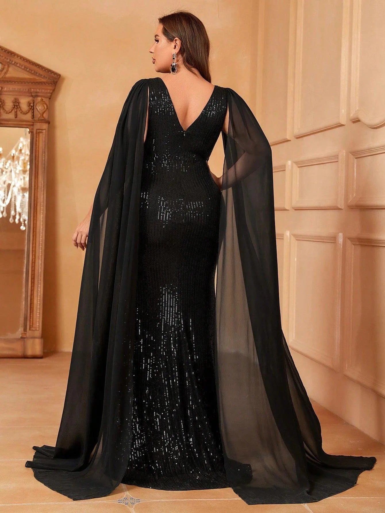 Plus Chiffon Cloak Sleeves Sequin Mermaid Dresses