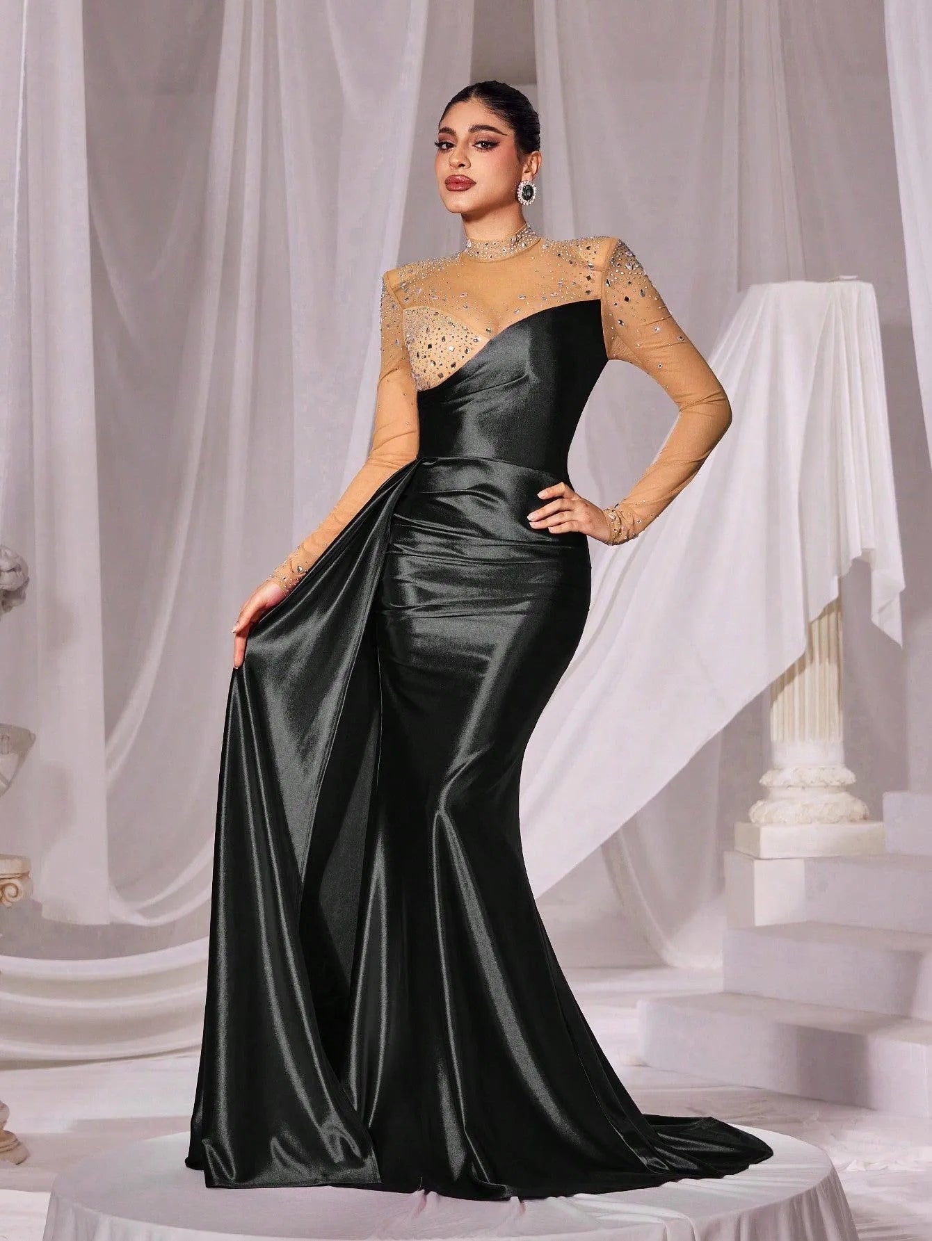 Rhinestone Detail Mock Neck Satin Mermaid Prom Dress