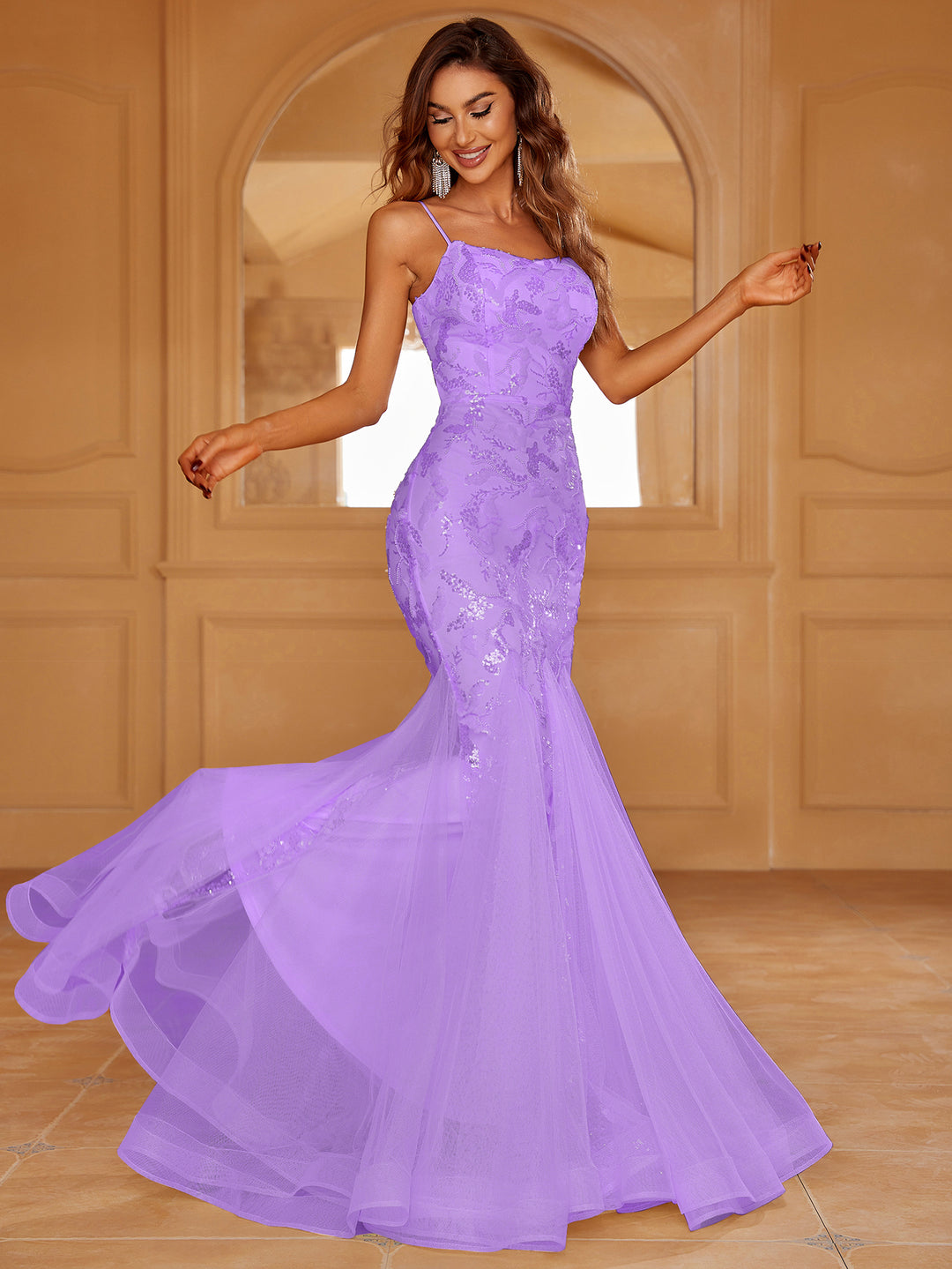 Spaghetti Strap Lace Up Backless Sequin Mermaid Dresses