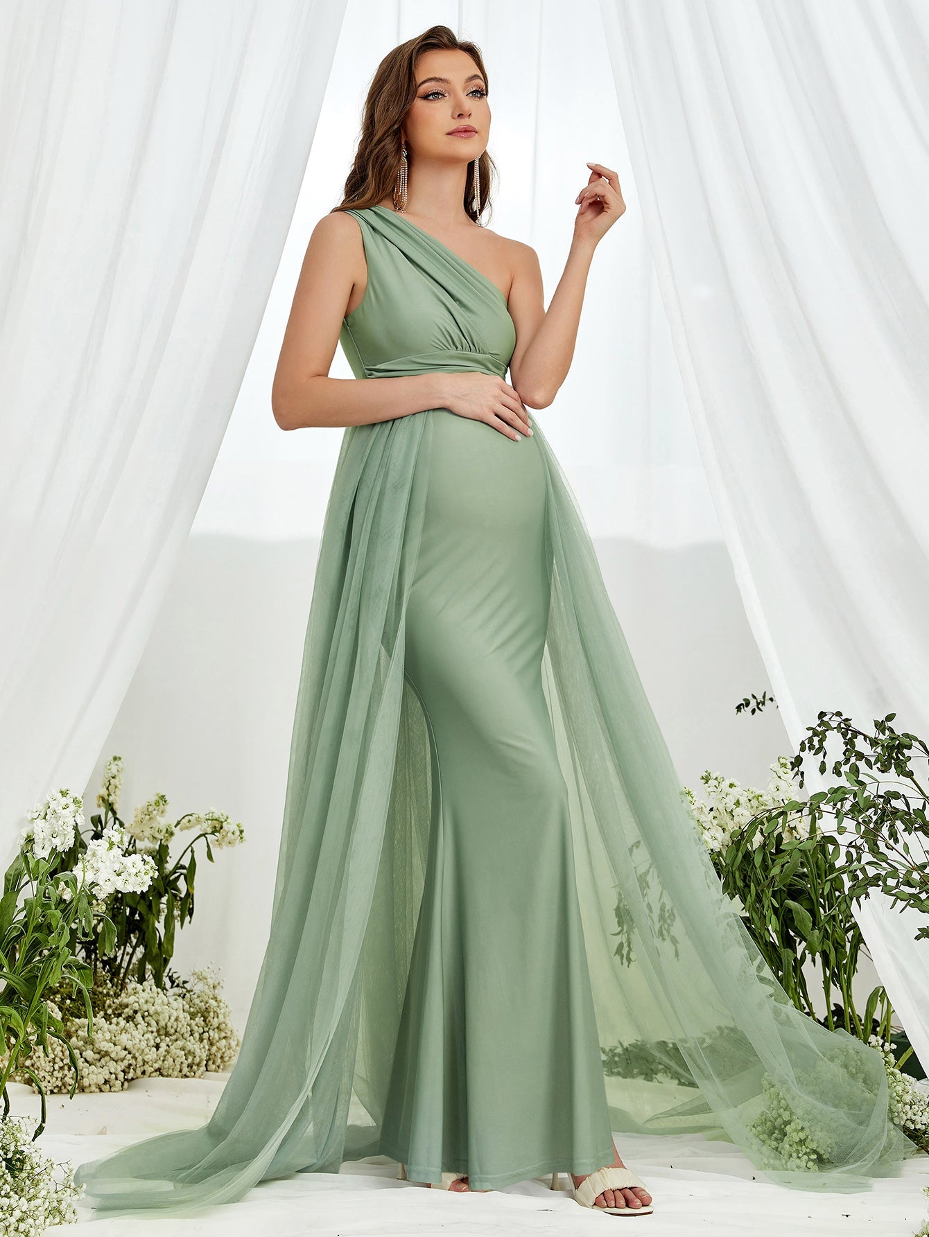 Maternity One Shoulder Sleeveless Contrast Mesh Dress