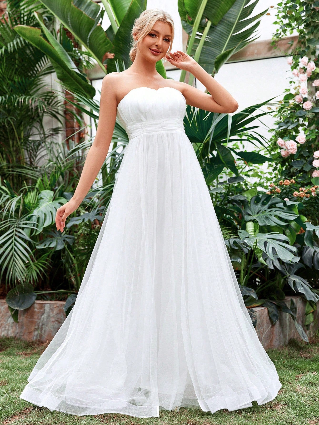 Ruched Waist Mesh Tube Wedding Dress