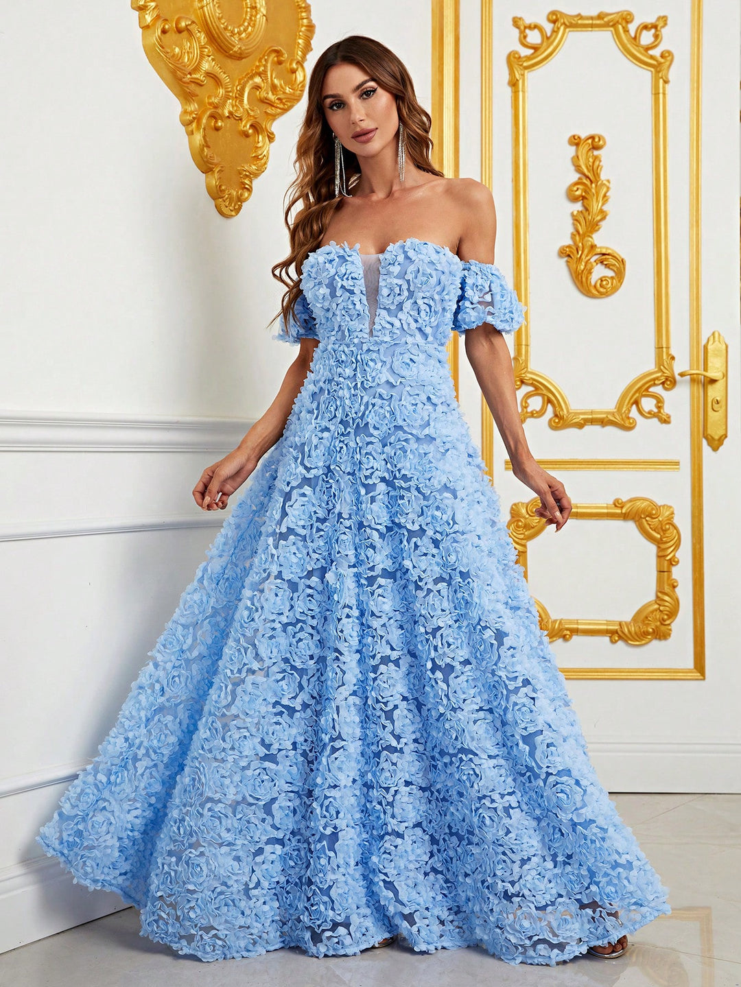 Off Shoulder 3D Flower A-Line Dresses