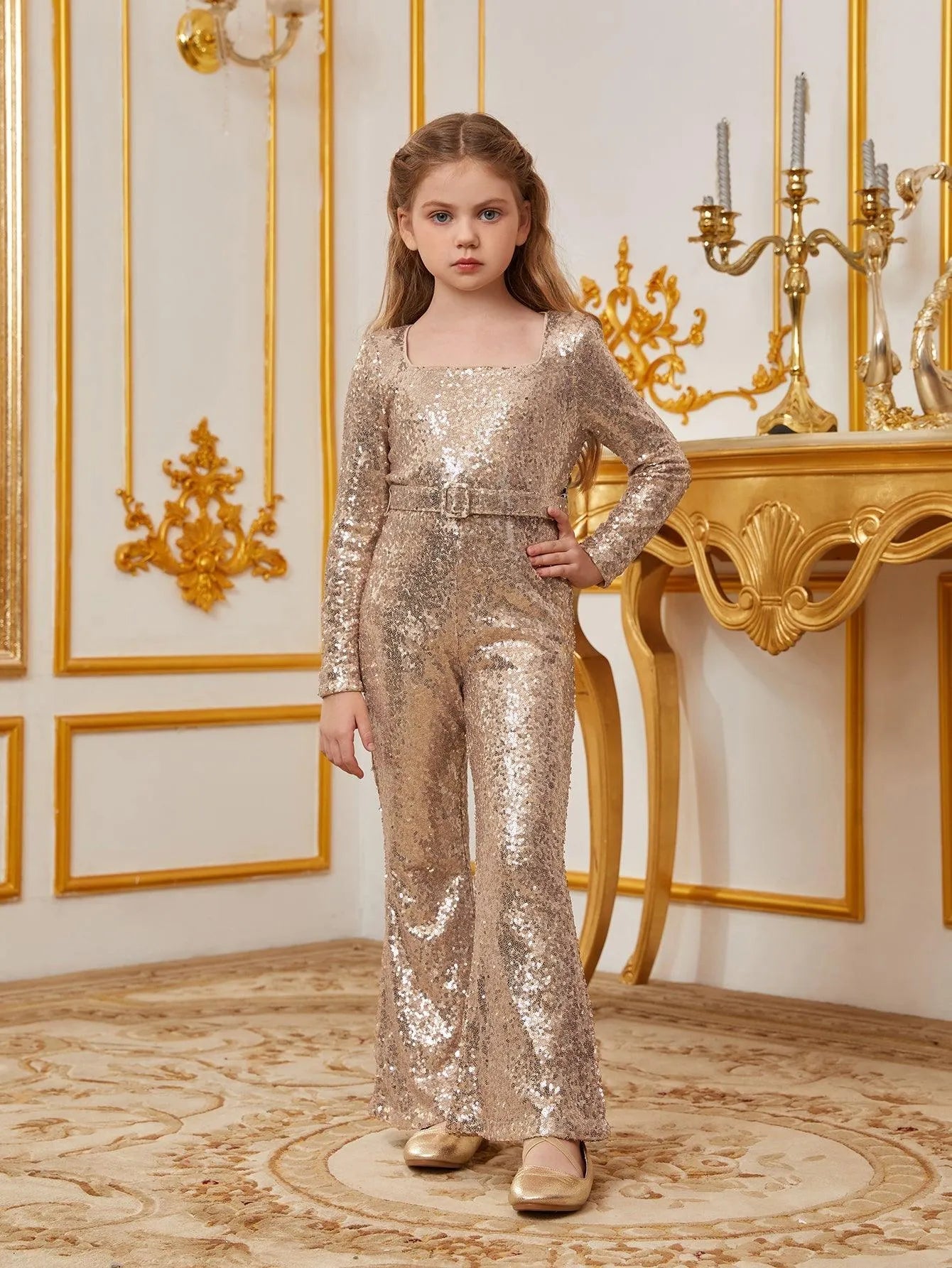 Tween Girls' Square Collar Long Sleeves Sequin Belted Jumpsuit