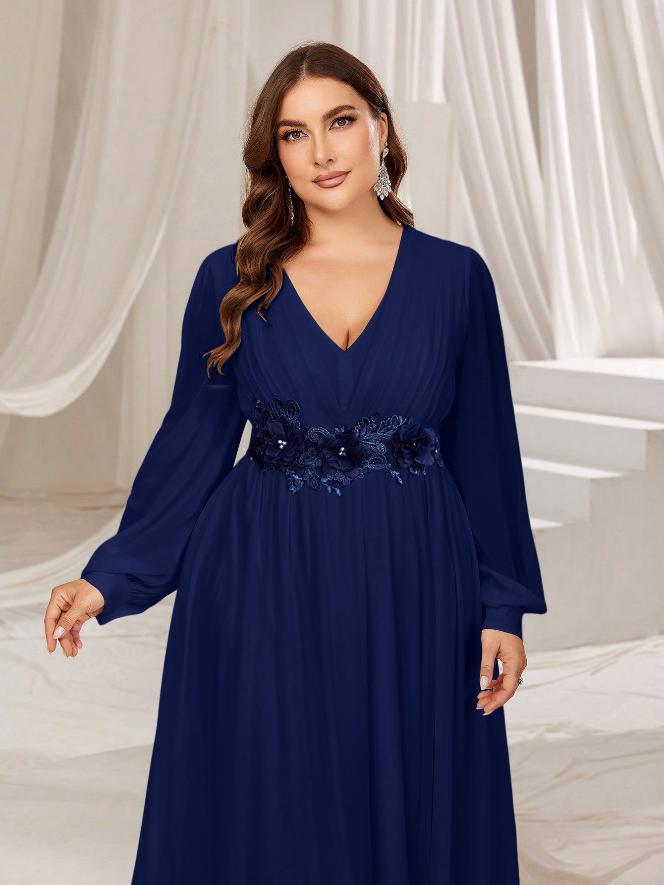 Plus Floral Applique Lantern Sleeves Chiffon Formal Dress