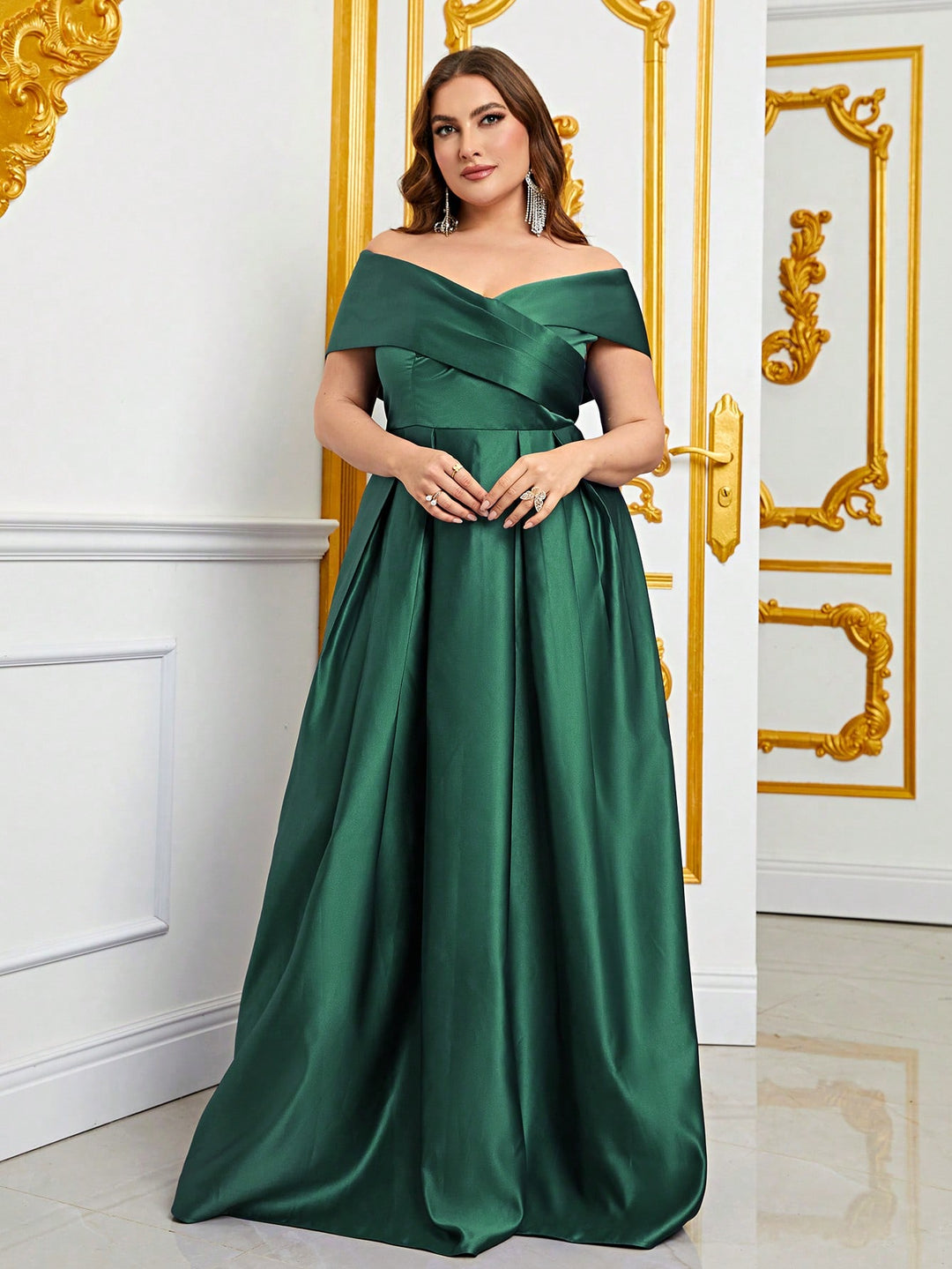 Plus Elegant Off Shoulder Satin A Line Gown