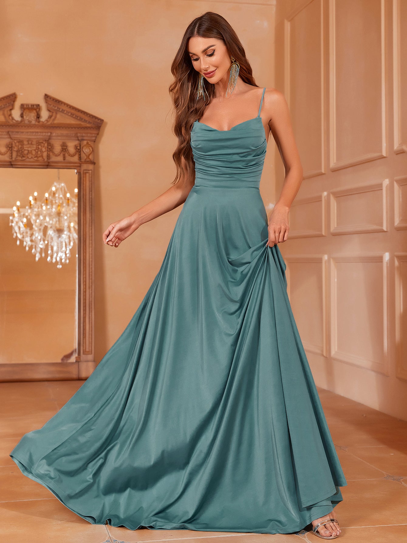 Elegant Ruched Draped Collar Cami Bridesmaid Dress