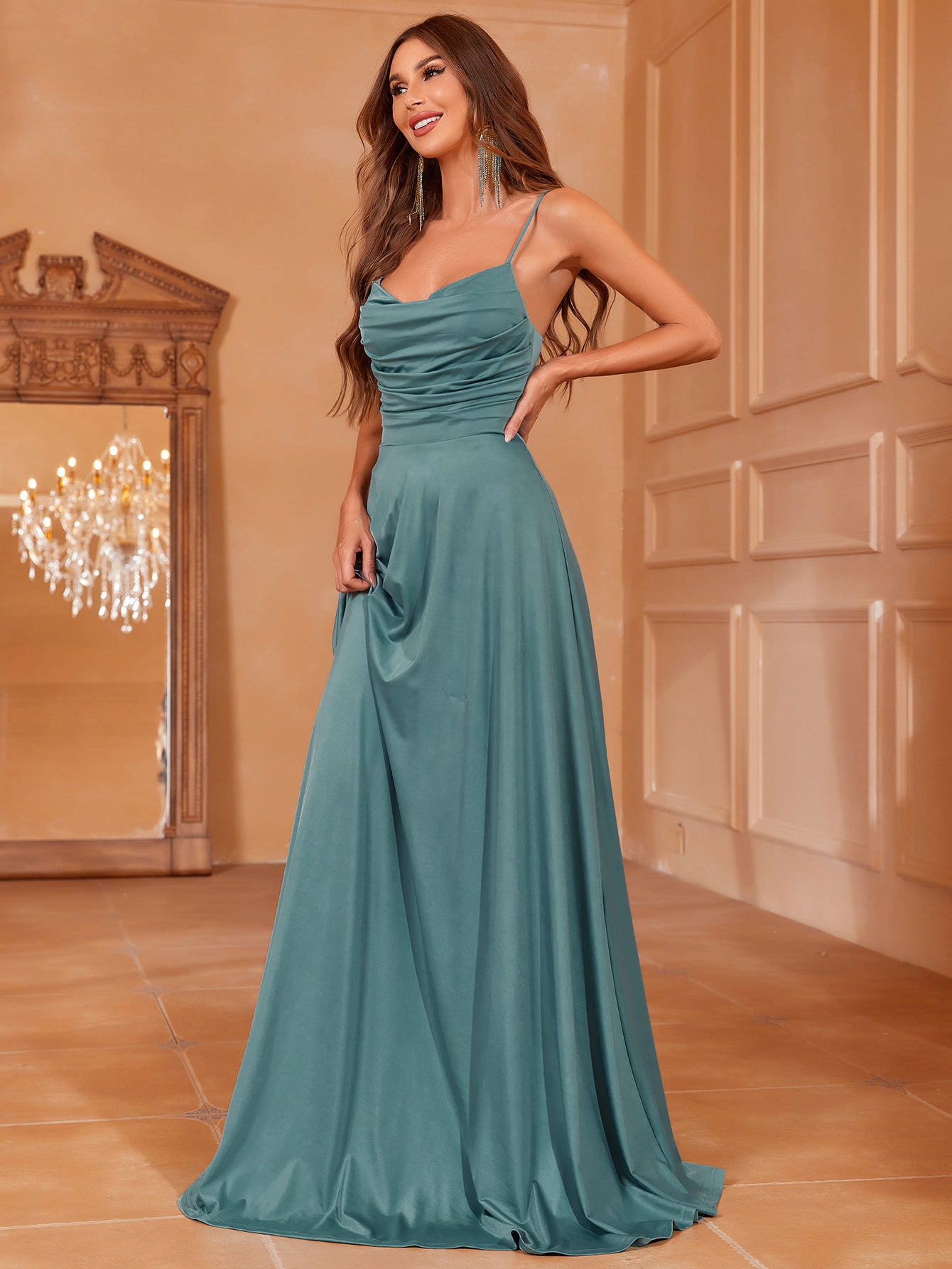 Elegant Ruched Draped Collar Cami Bridesmaid Dress