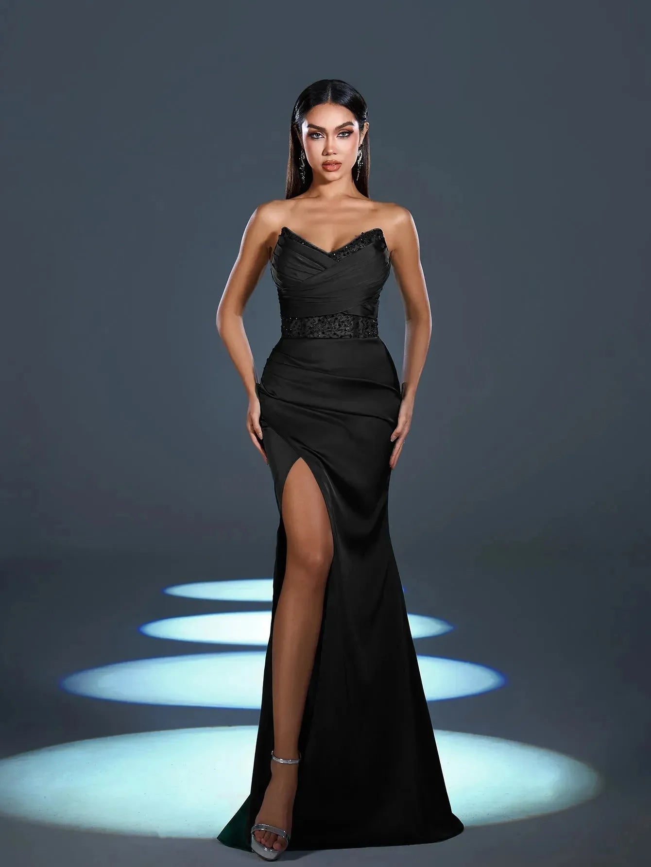 Elegant Strapless Contrast Sequin Split Thigh Satin Mermaid Party Dress