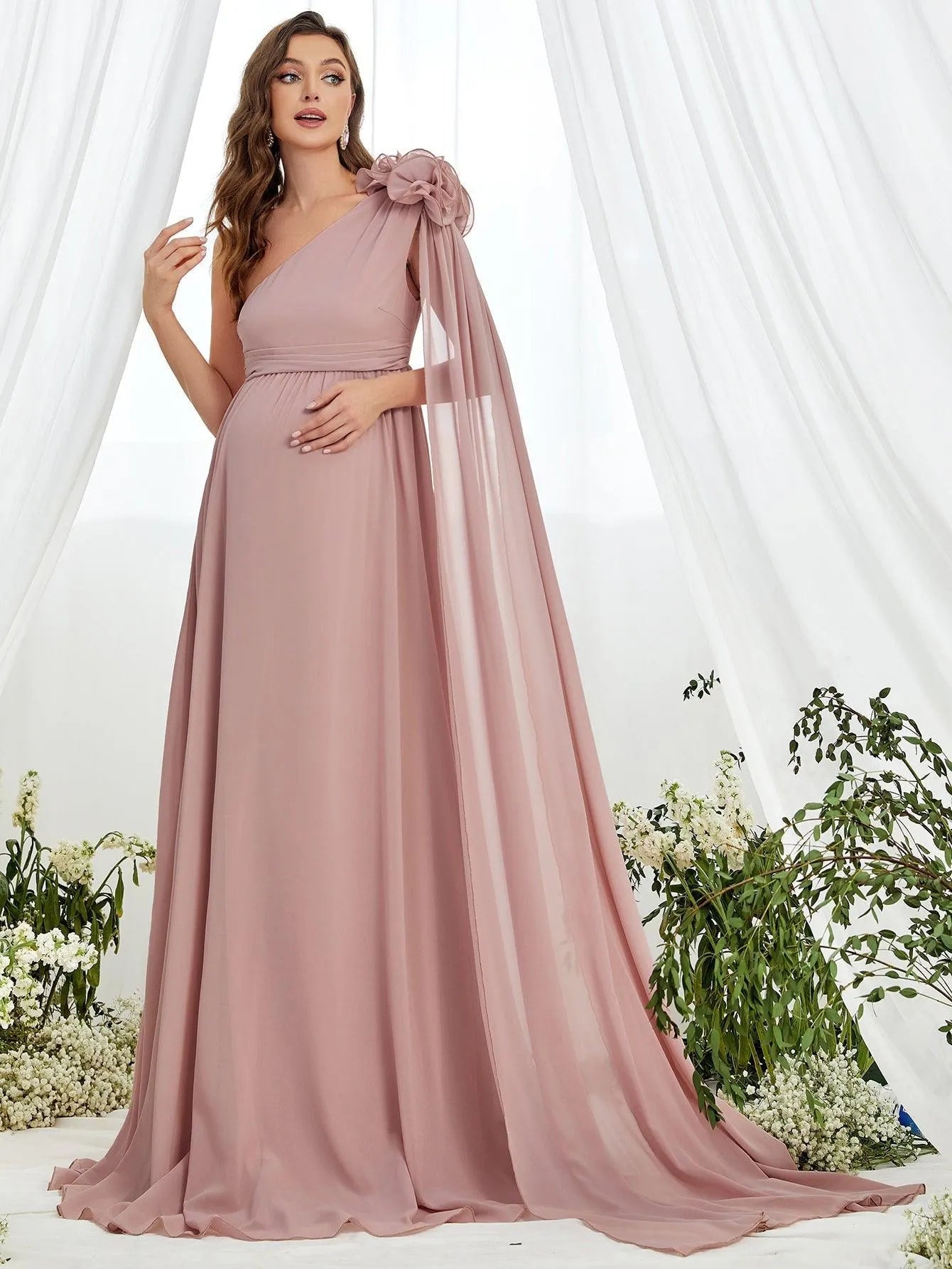 Maternity Stereo Flower Decor One Shoulder Chiffon Dress