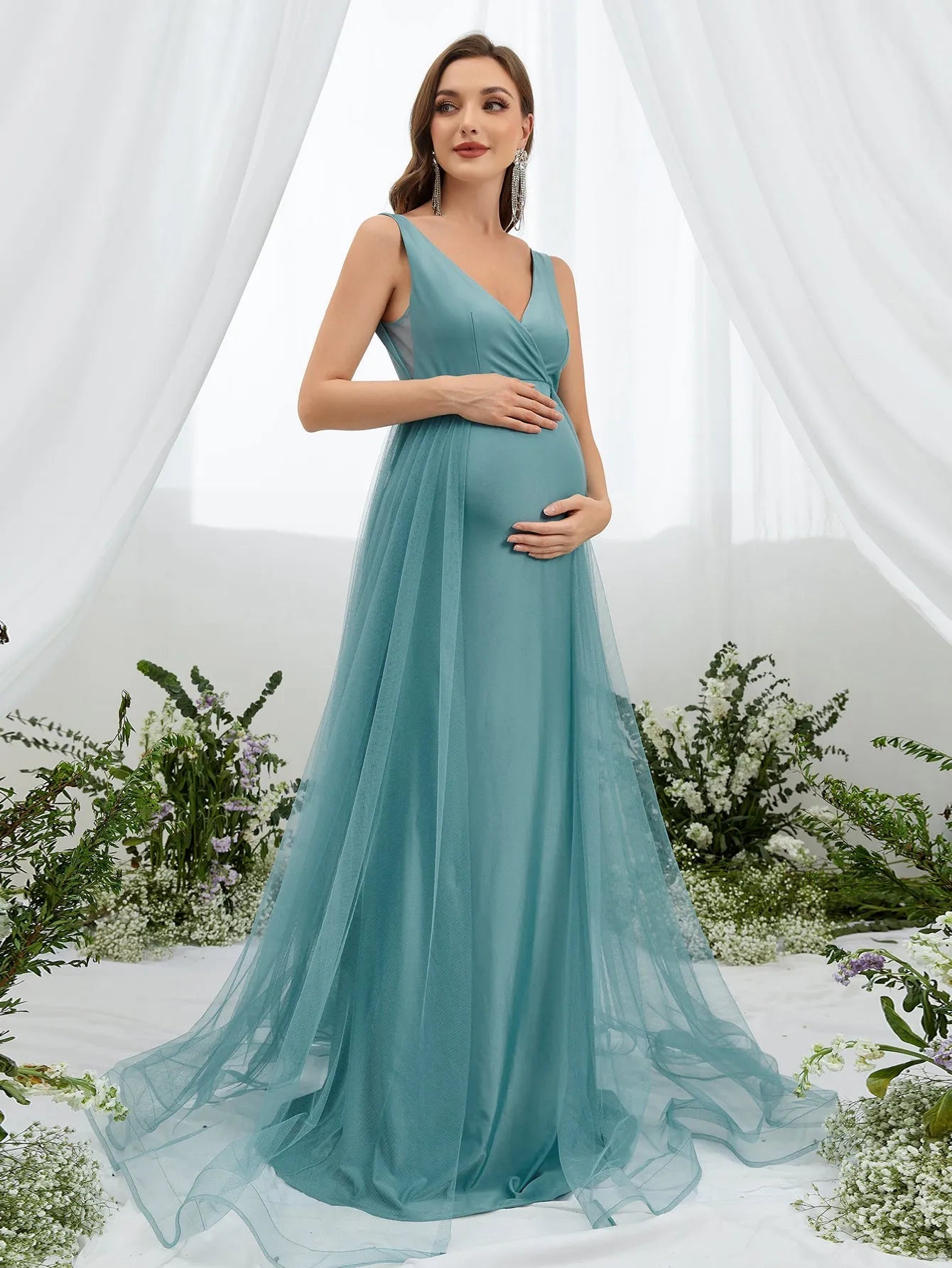 Maternity Backless Surplice Neck Mesh Overlay Dress