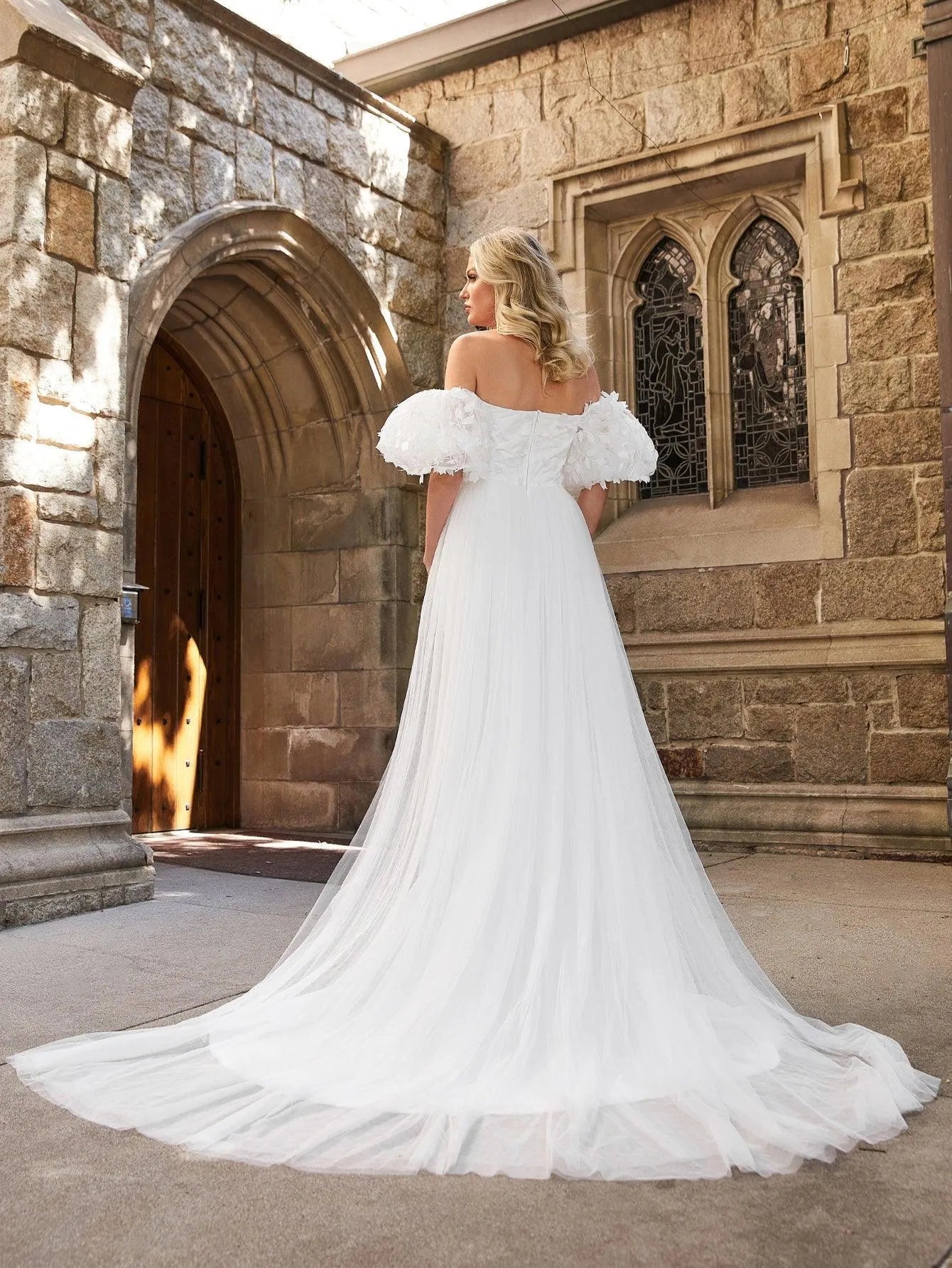 Off Shoulder Puff Sleeves Mesh Overlay Wedding Dress