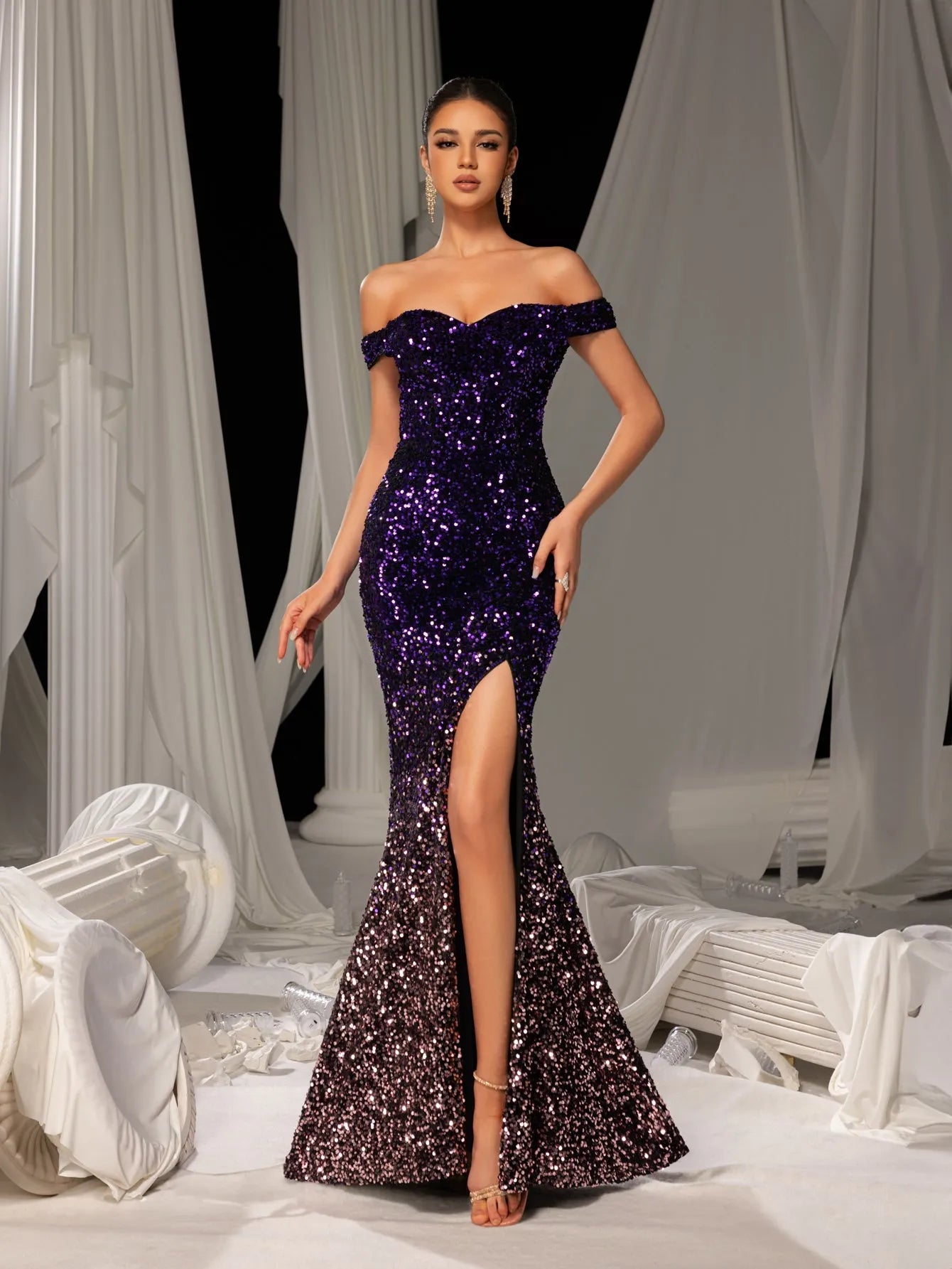 Elegant Off Shoulder Split Mermaid Hem Ombre Sequin Evening Dress