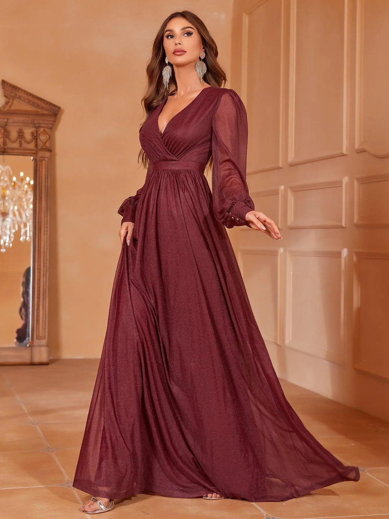 Elegant V Neck Lantern Sleeves Maxi A Line Dress