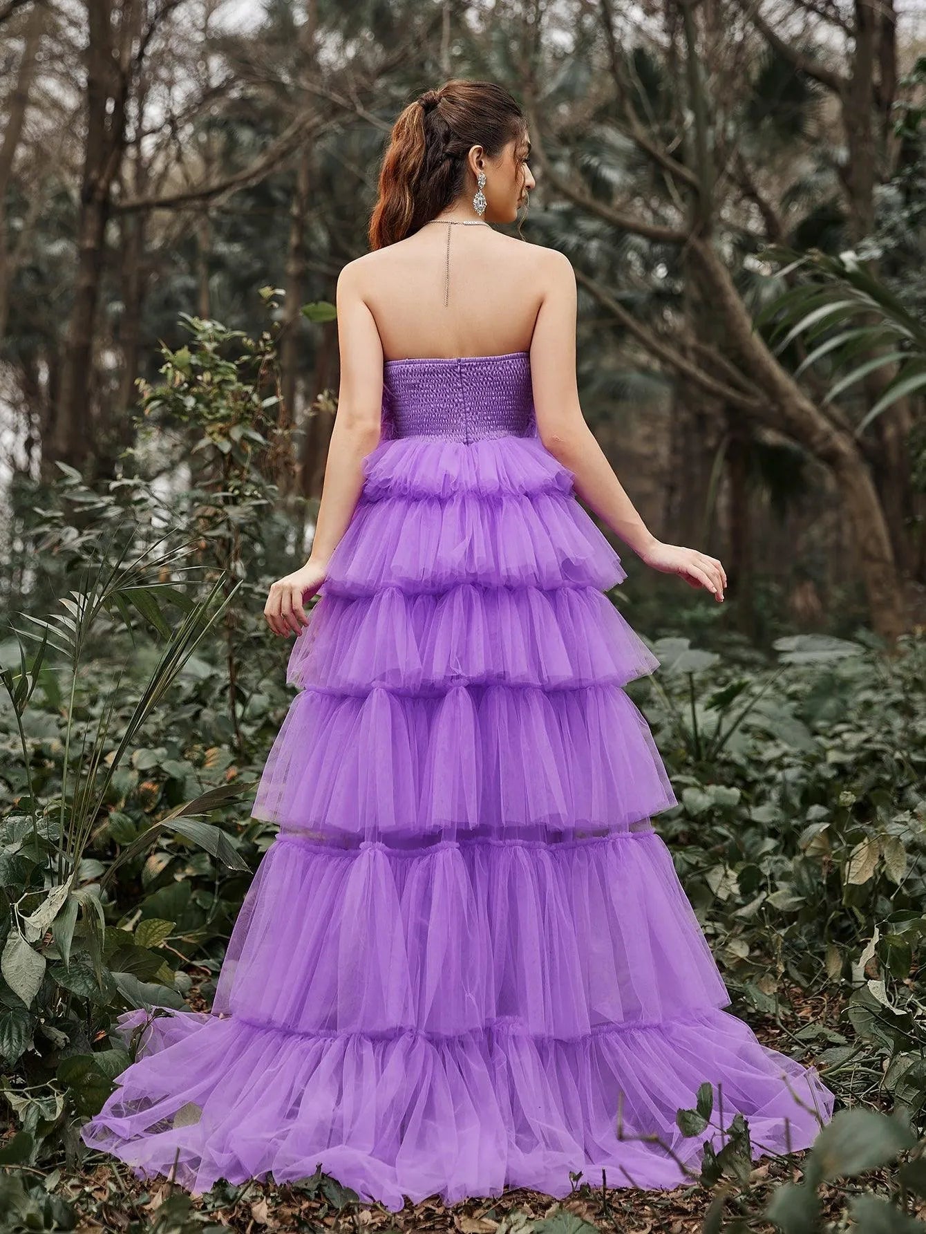 Luxury Feather Bodice Layered Ruffle Tulle Hem Prom Tube Dress