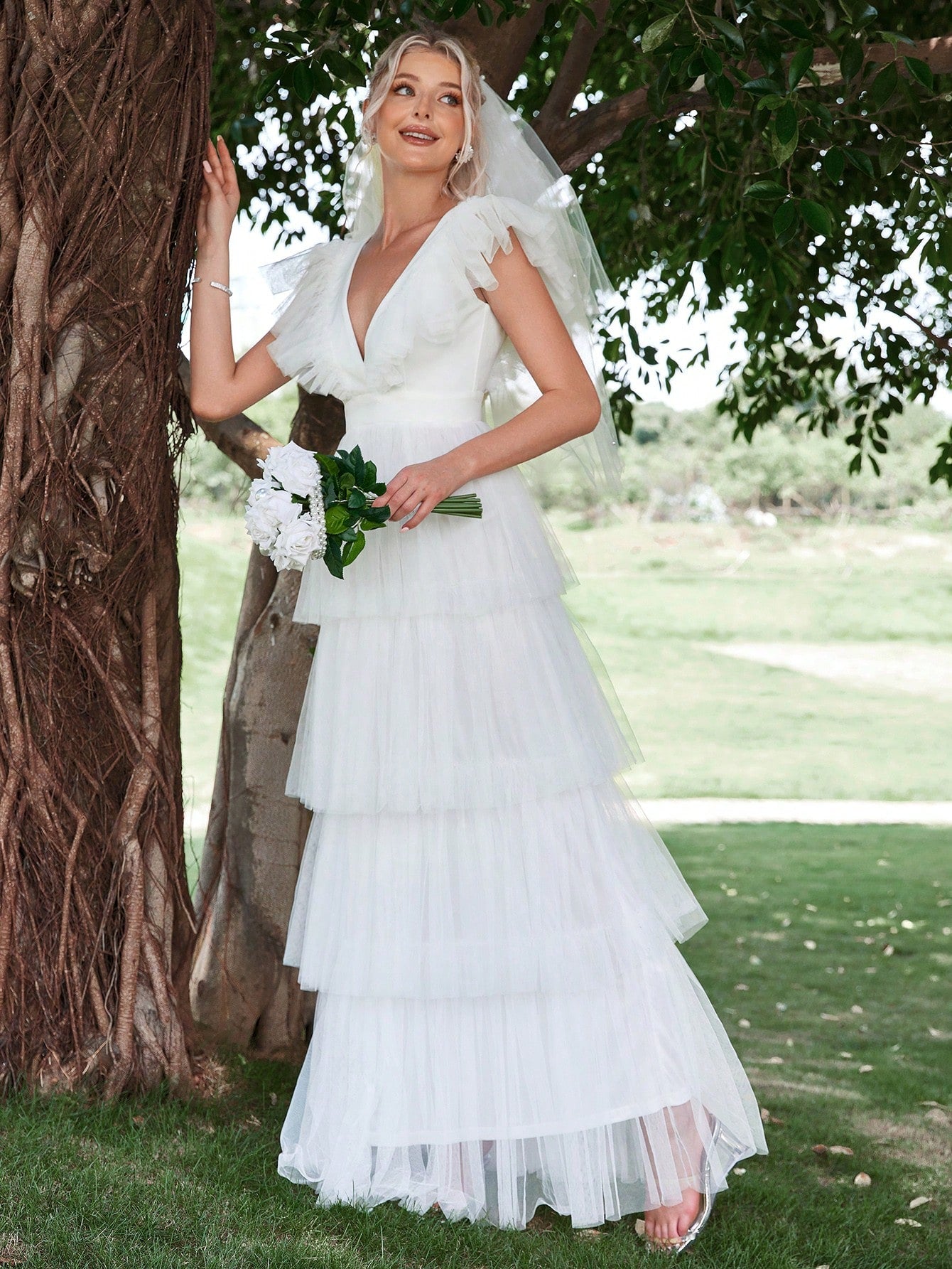 Plunging Neck Backless Ruffle Trim Mesh Wedding Dress