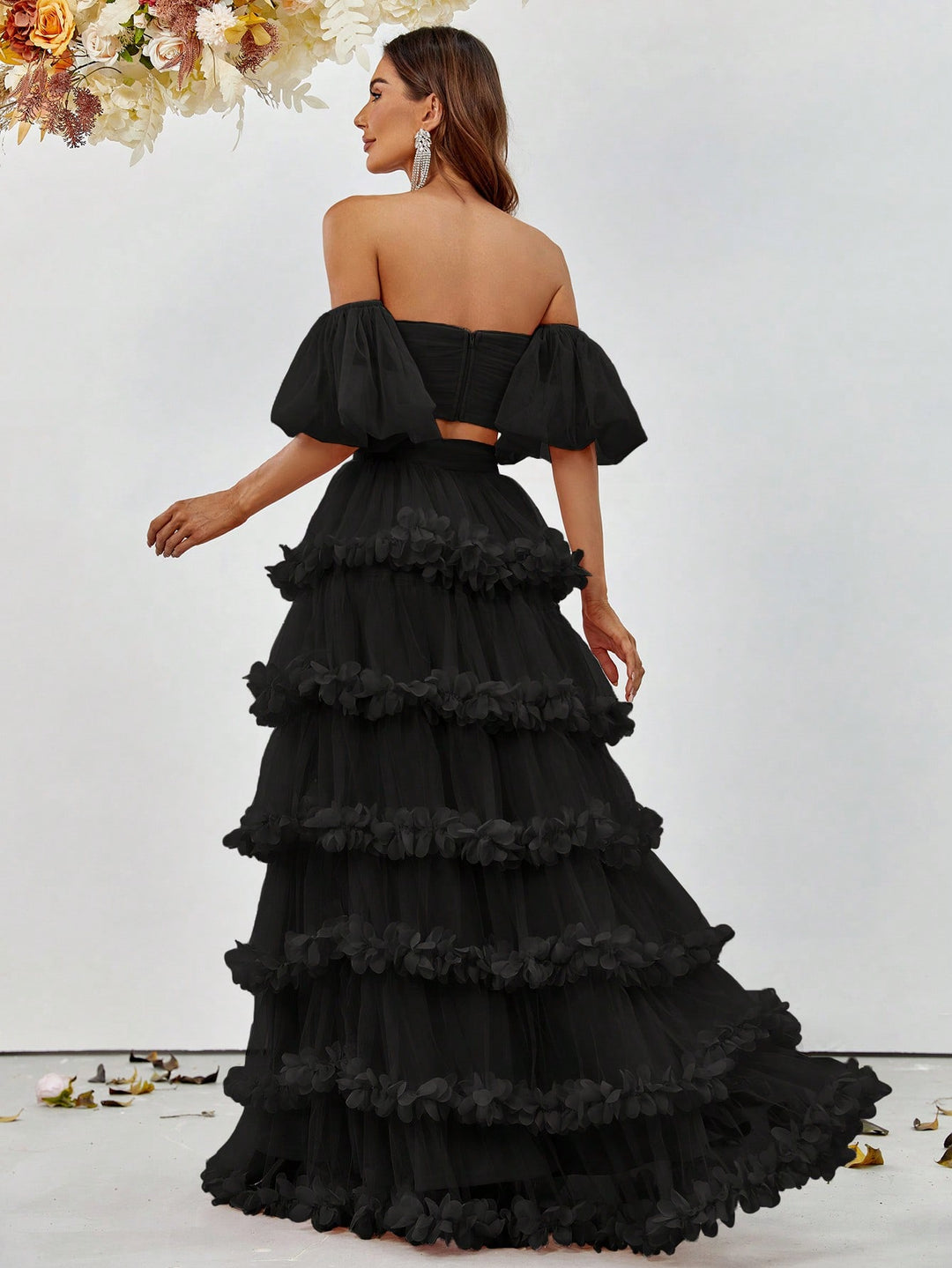 Off Shoulder Puff Sleeve Crop Top & Frill Trim Mesh Skirt