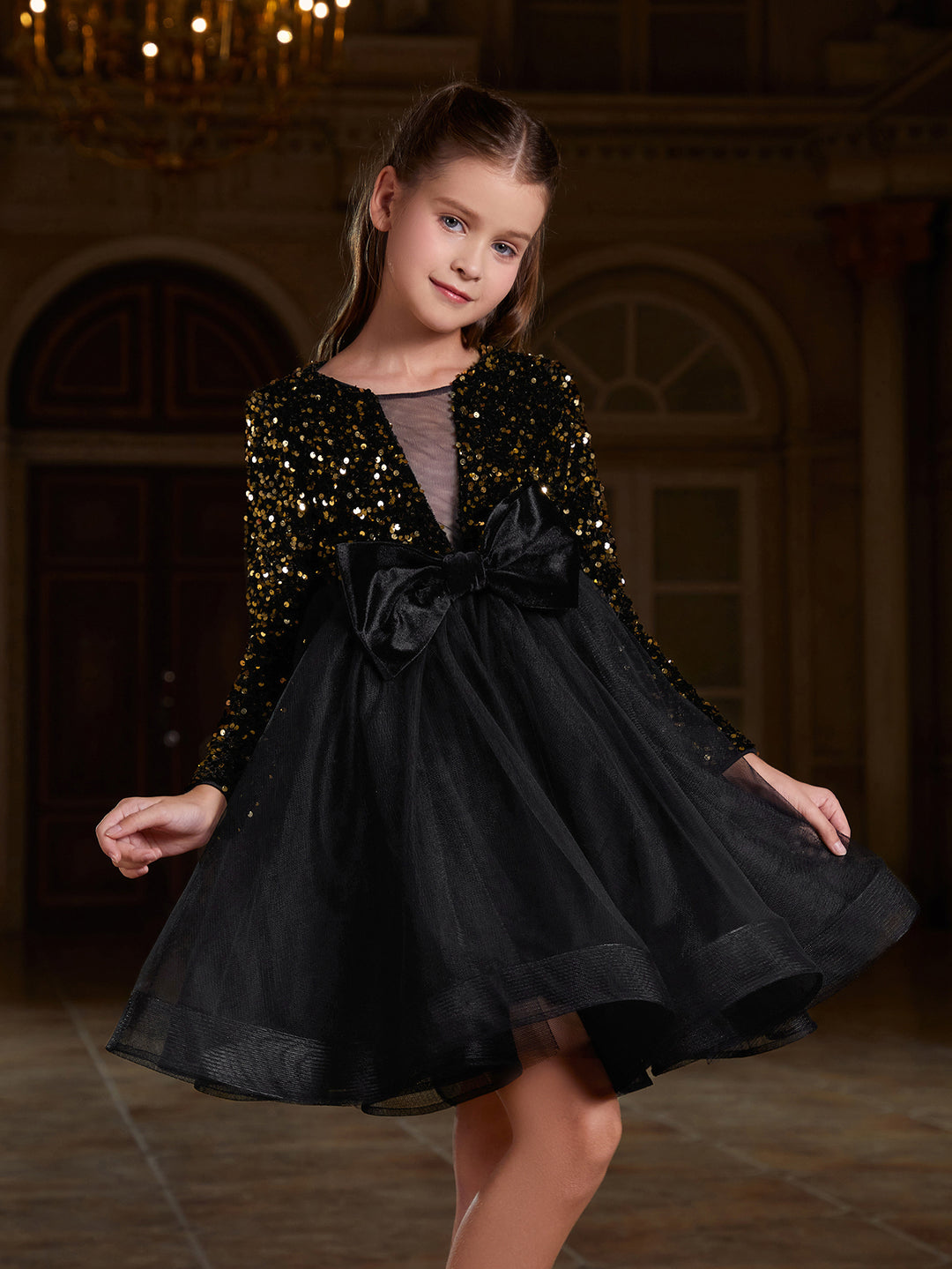 Girl's Cute Bow Front Long Sleeve Party Dress