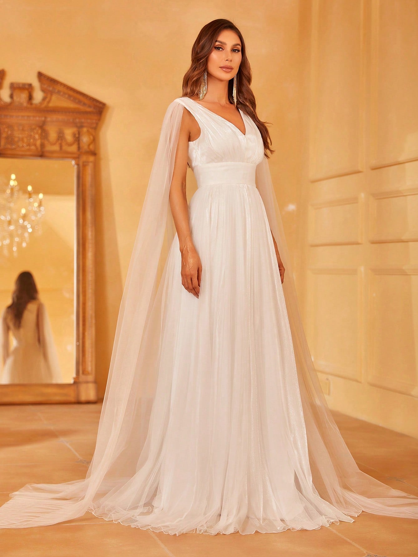 Plunging Neck A Line Wedding dress With Cape