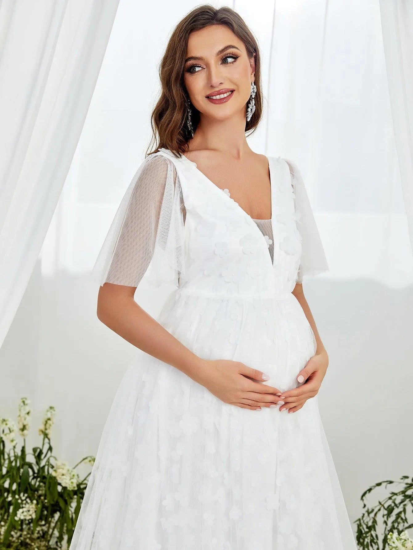 Maternity Butterfly Sleeve Floral Applique Mesh Wedding Dress