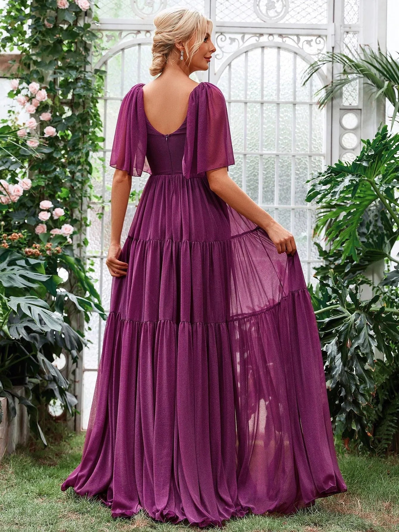 Solid Plunging Neck Butterfly Sleeves Dress