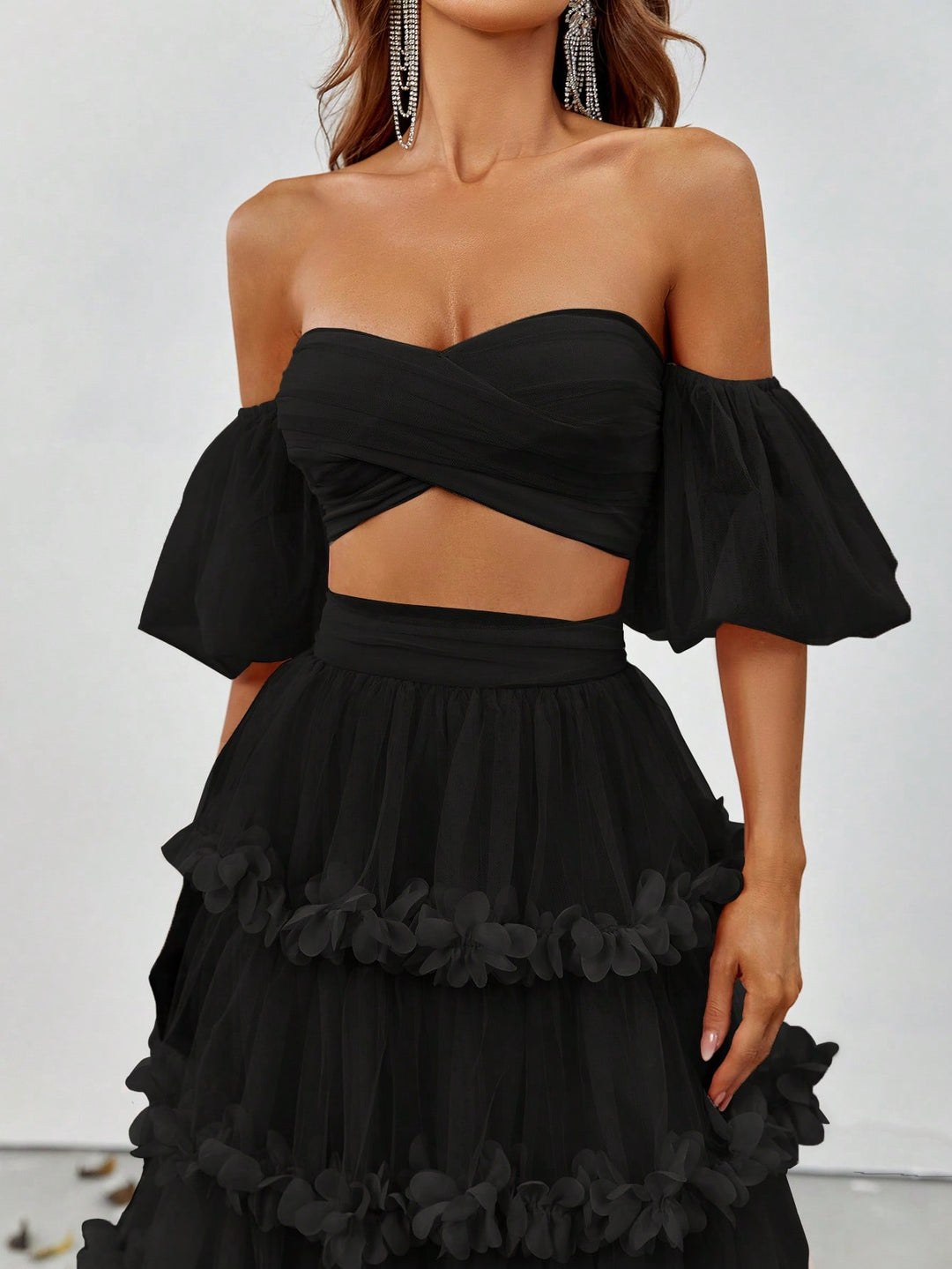 Off Shoulder Puff Sleeve Crop Top & Frill Trim Mesh Skirt