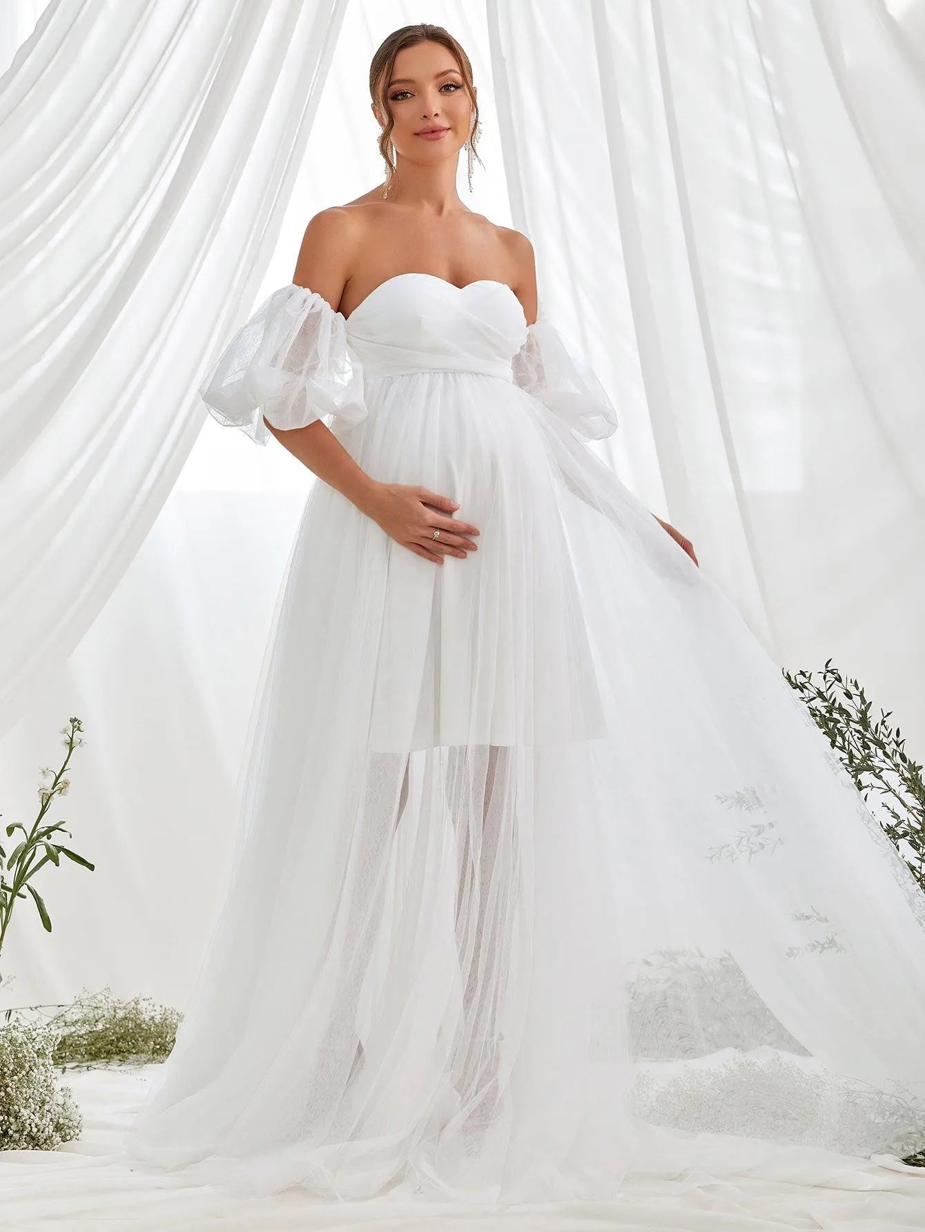 Maternity Off Shoulder Puff Sleeve Mesh Overlay Dress