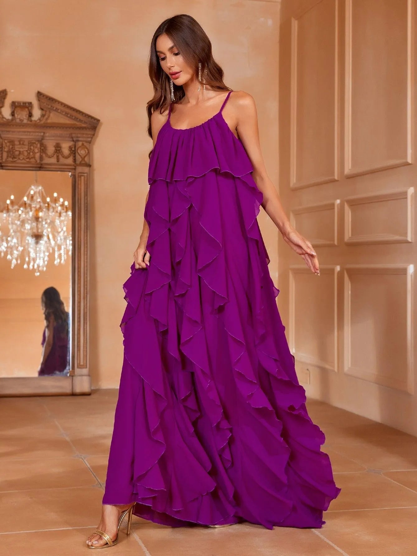 Cascading Ruffle Maxi Chiffon Dress