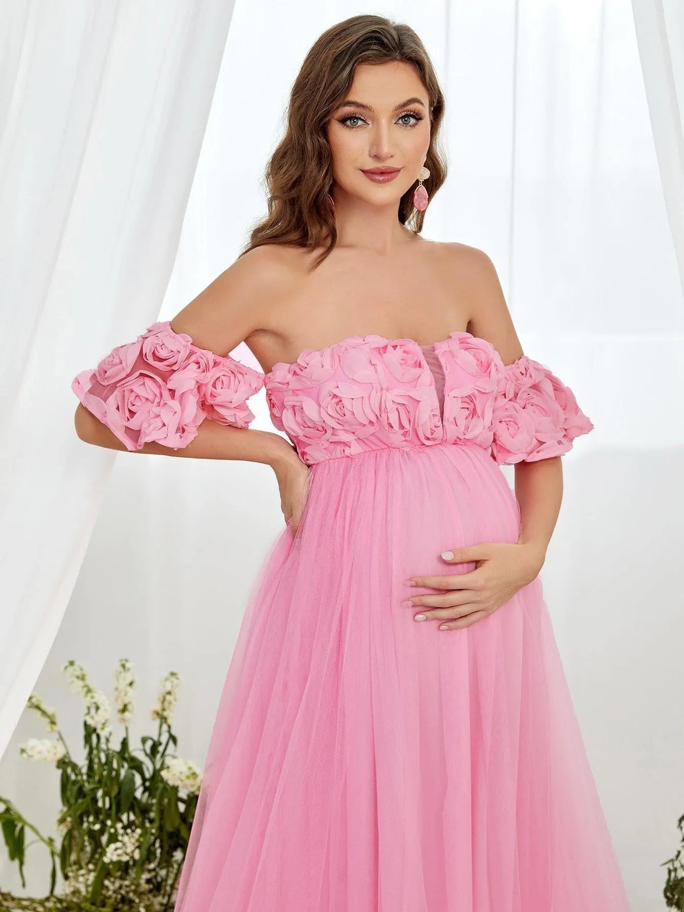 Maternity Flower Applique Off Shoulder Mesh A Line Dress